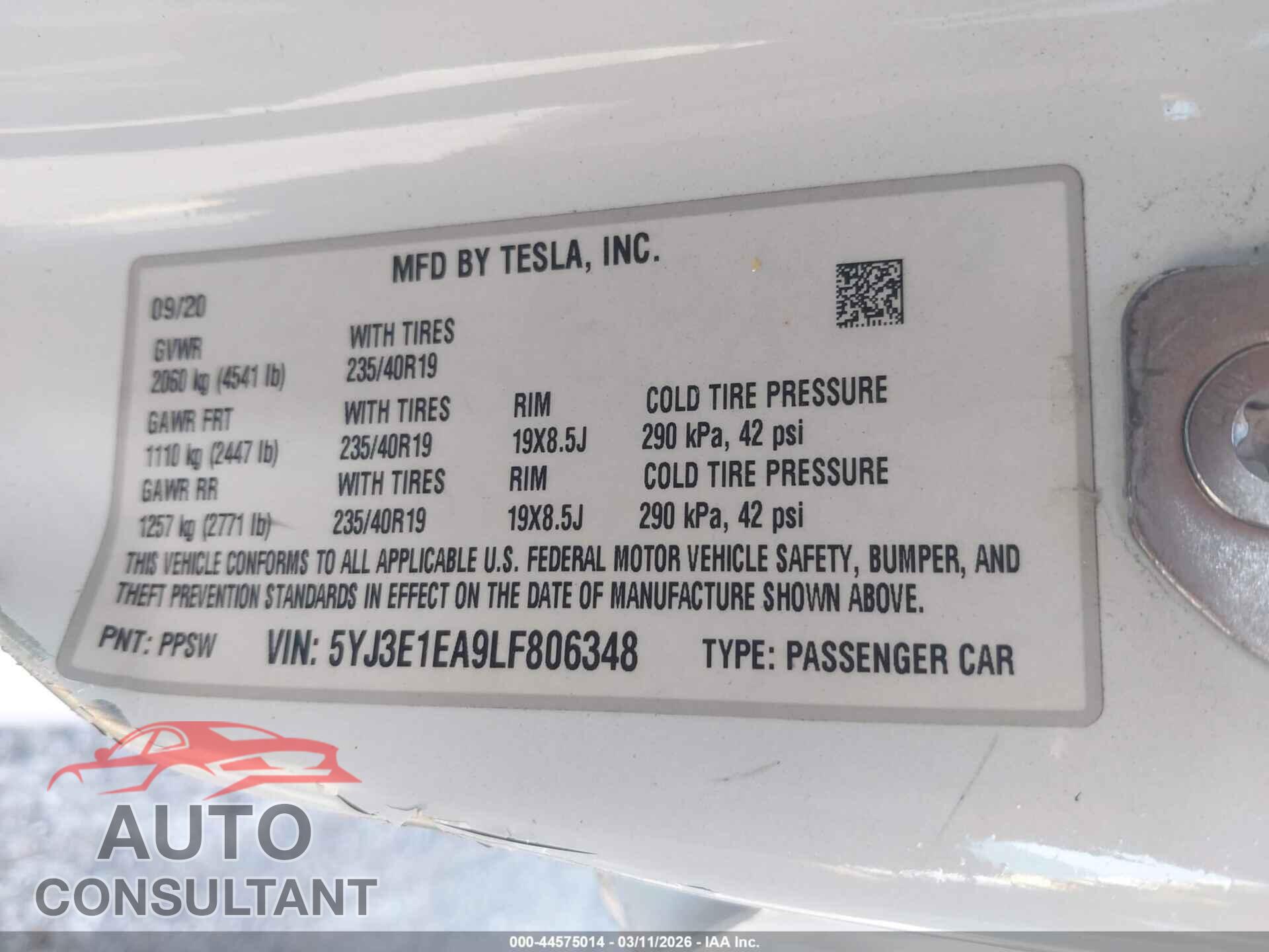 TESLA MODEL 3 2020 - 5YJ3E1EA9LF806348
