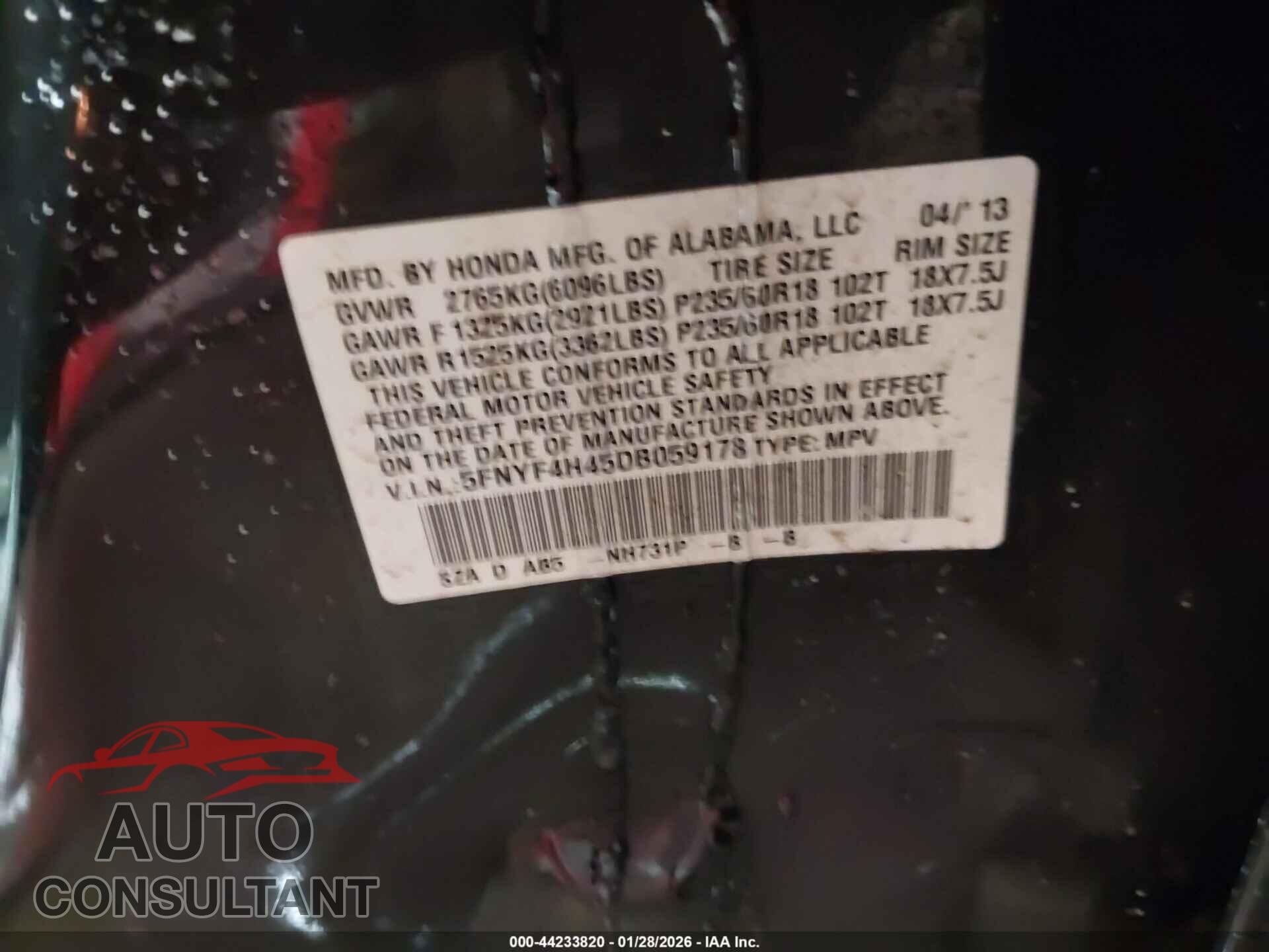 HONDA PILOT 2013 - 5FNYF4H45DB059178