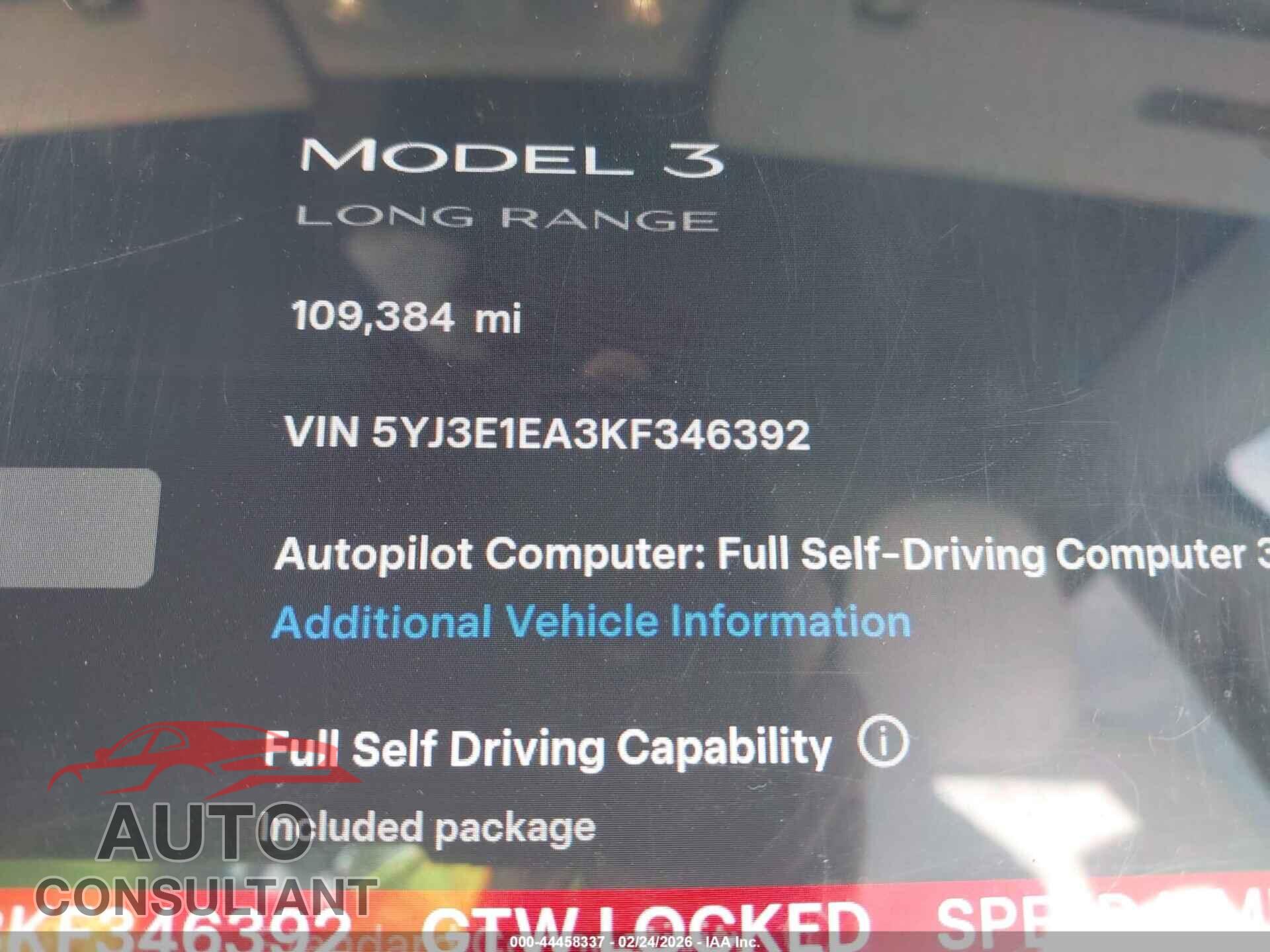 TESLA MODEL 3 2019 - 5YJ3E1EA3KF346392