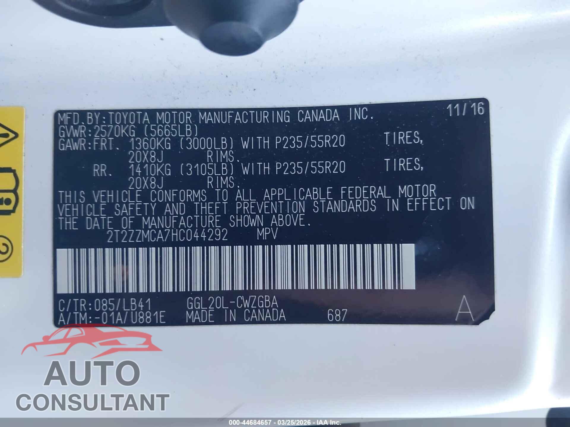 LEXUS RX 350 2017 - 2T2ZZMCA7HC044292