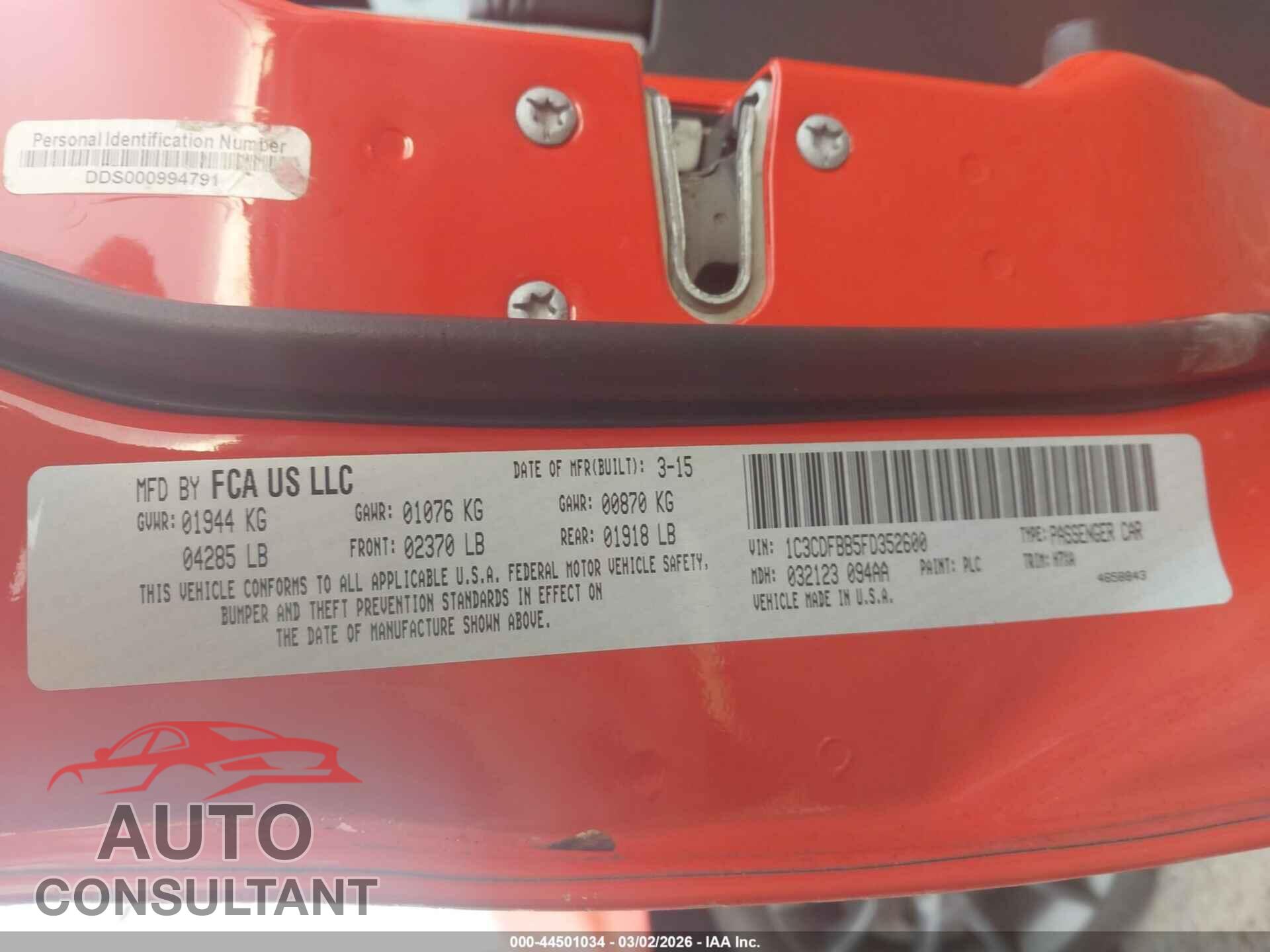 DODGE DART 2015 - 1C3CDFBB5FD352600