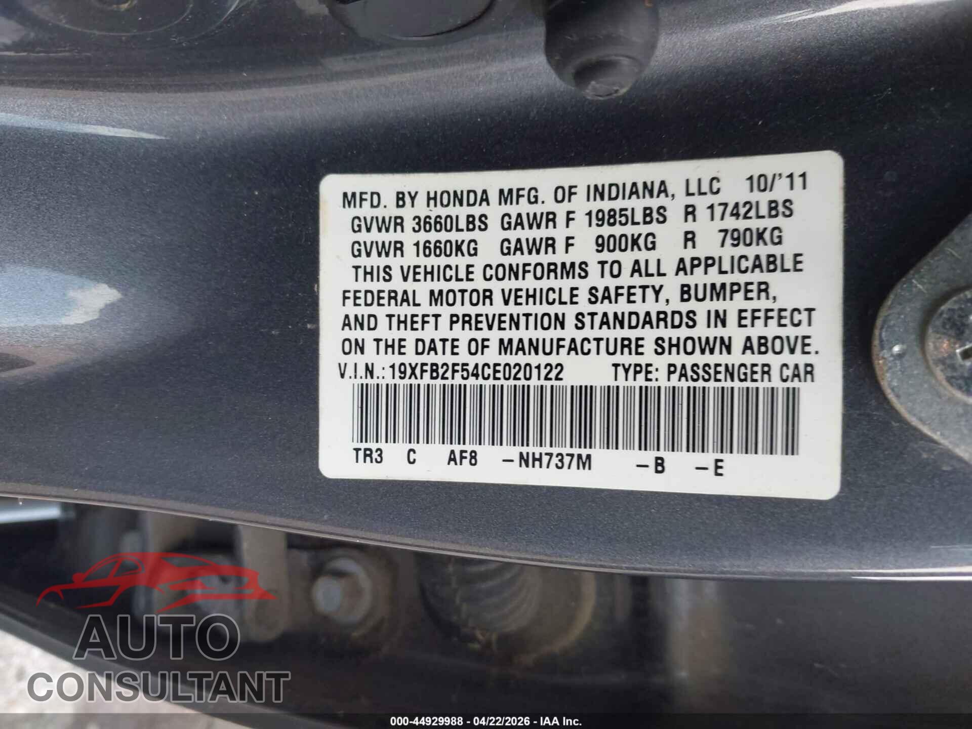 HONDA CIVIC 2012 - 19XFB2F54CE020122