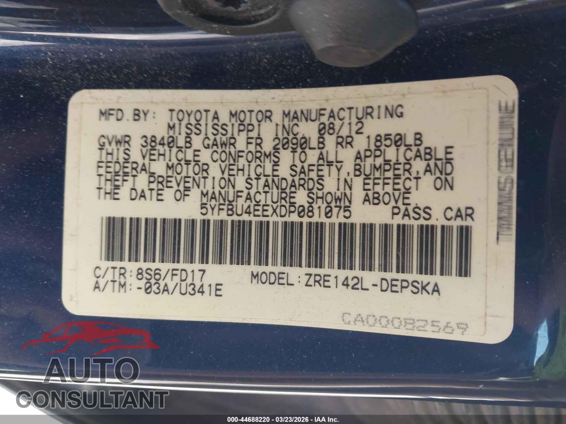 TOYOTA COROLLA 2013 - 5YFBU4EEXDO081075