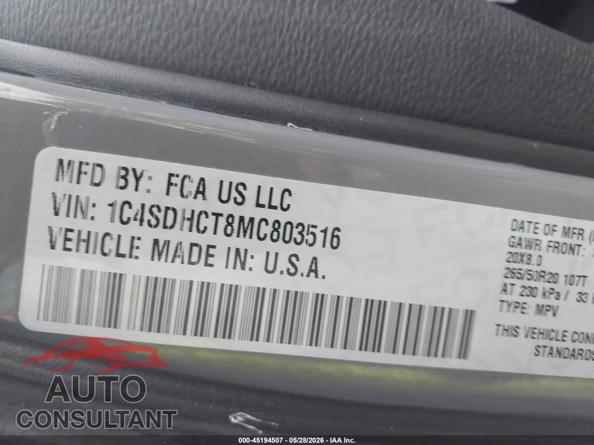 DODGE DURANGO 2021 - 1C4SDHCT8MC803516