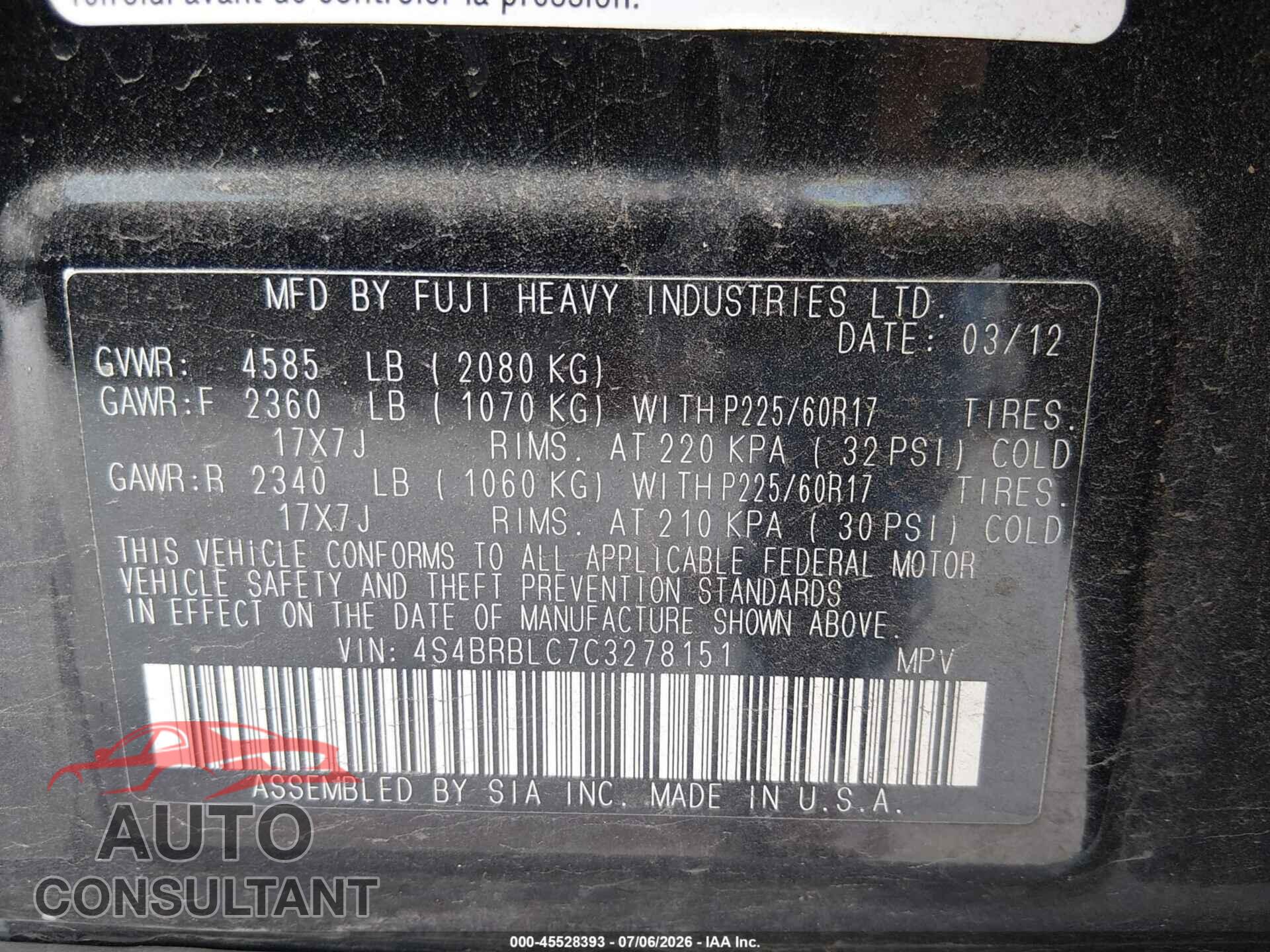SUBARU OUTBACK 2012 - 4S4BRBLC7C3278151