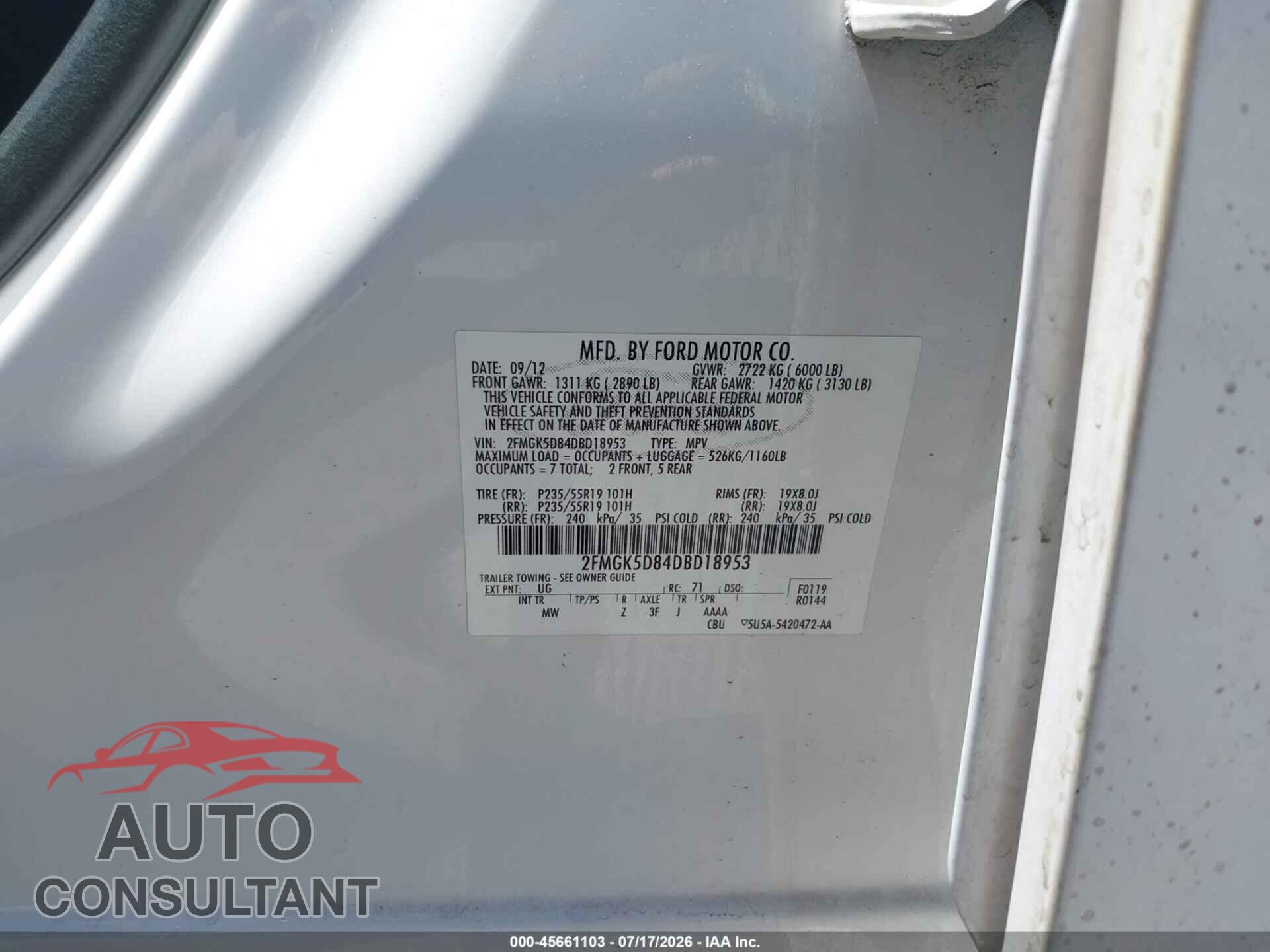 FORD FLEX 2013 - 2FMGK5D84DBD18953