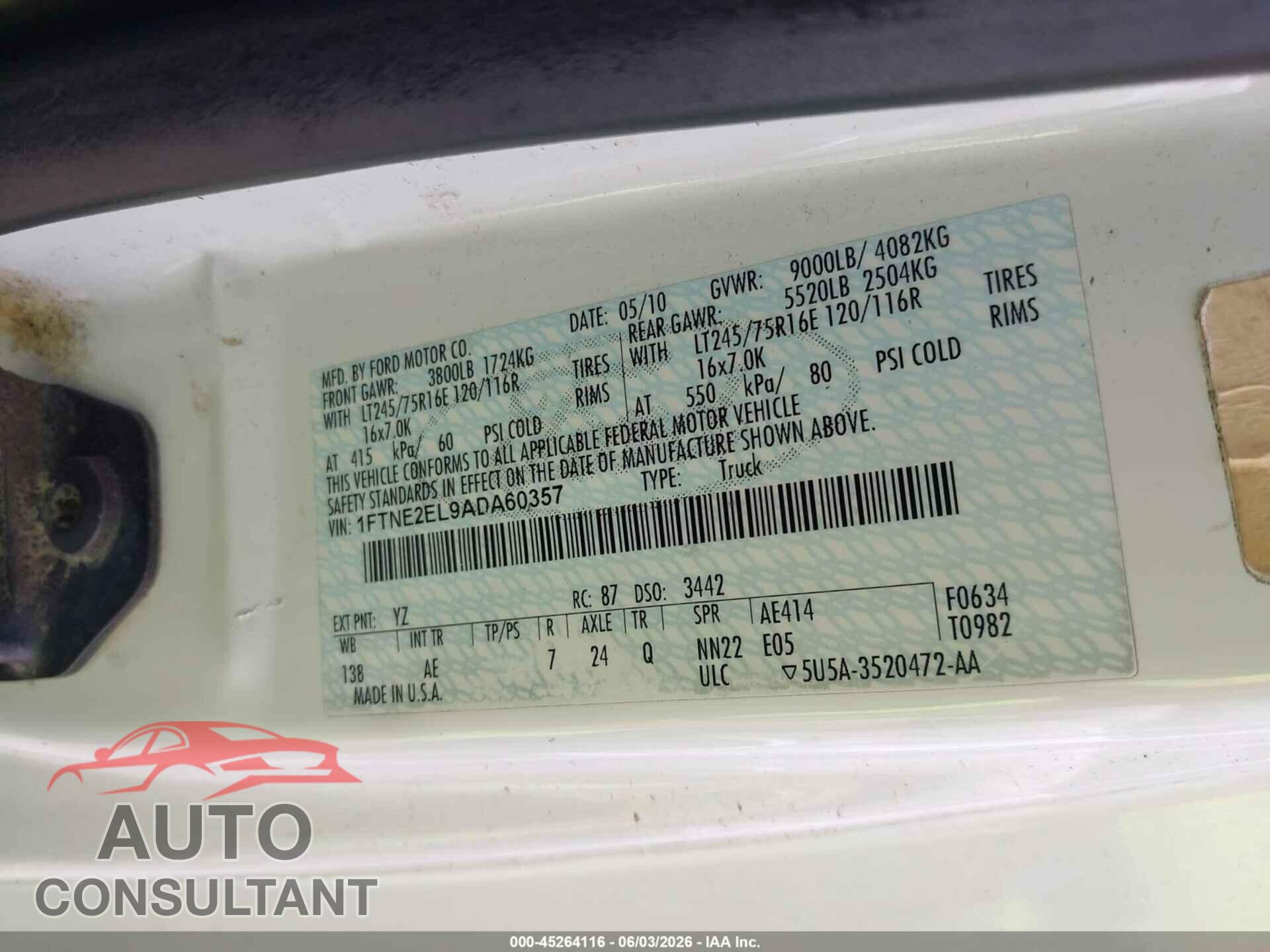 FORD E-250 2010 - 1FTNE2EL9ADA60357