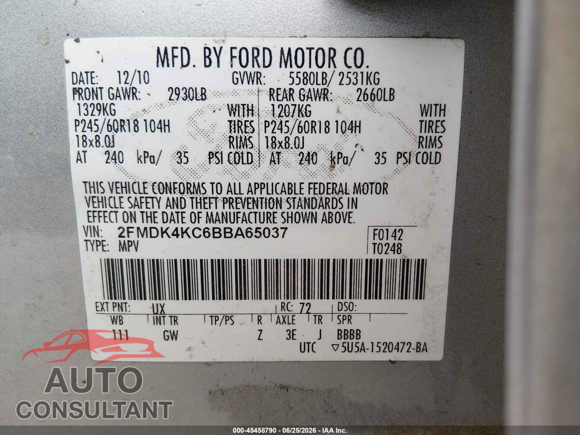 FORD EDGE 2011 - 2FMDK4KC6BBA65037