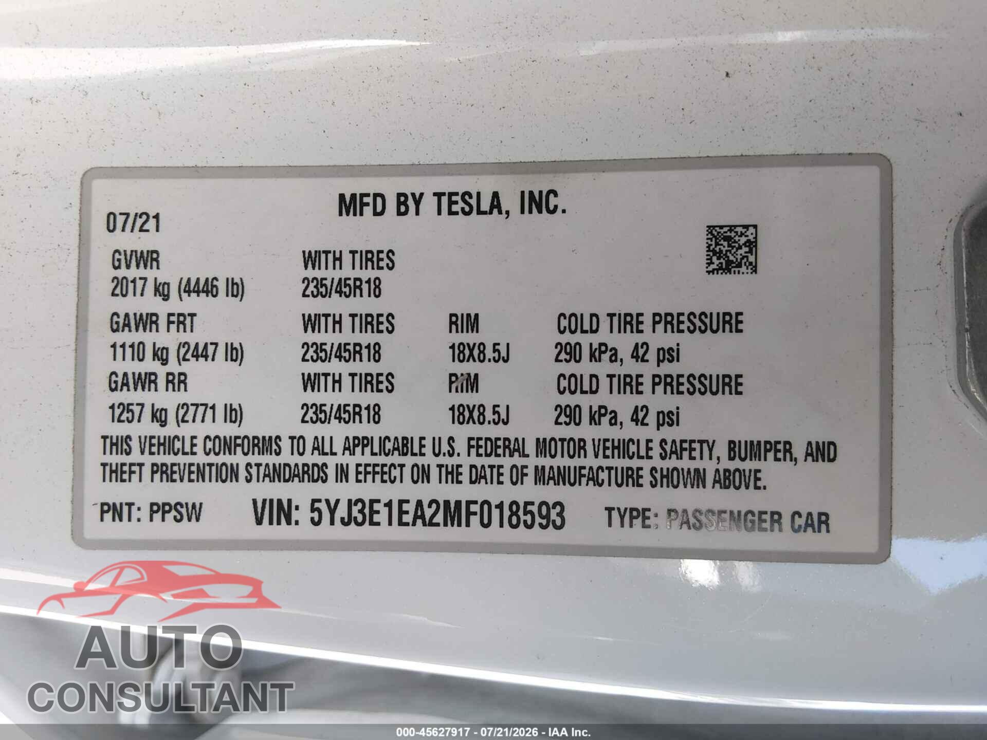 TESLA MODEL 3 2021 - 5YJ3E1EA2MF018593