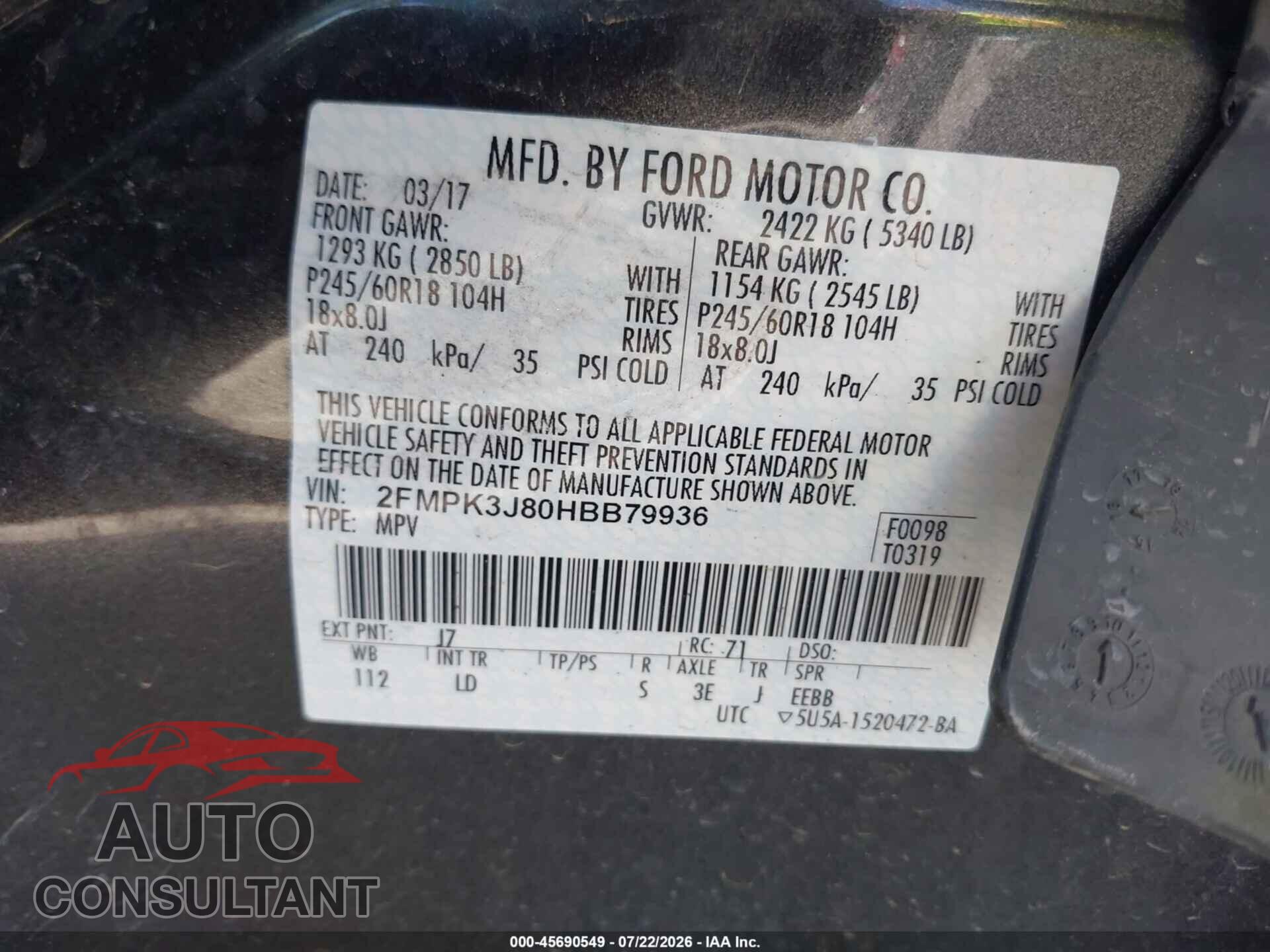 FORD EDGE 2017 - 2FMPK3J80HBB79936