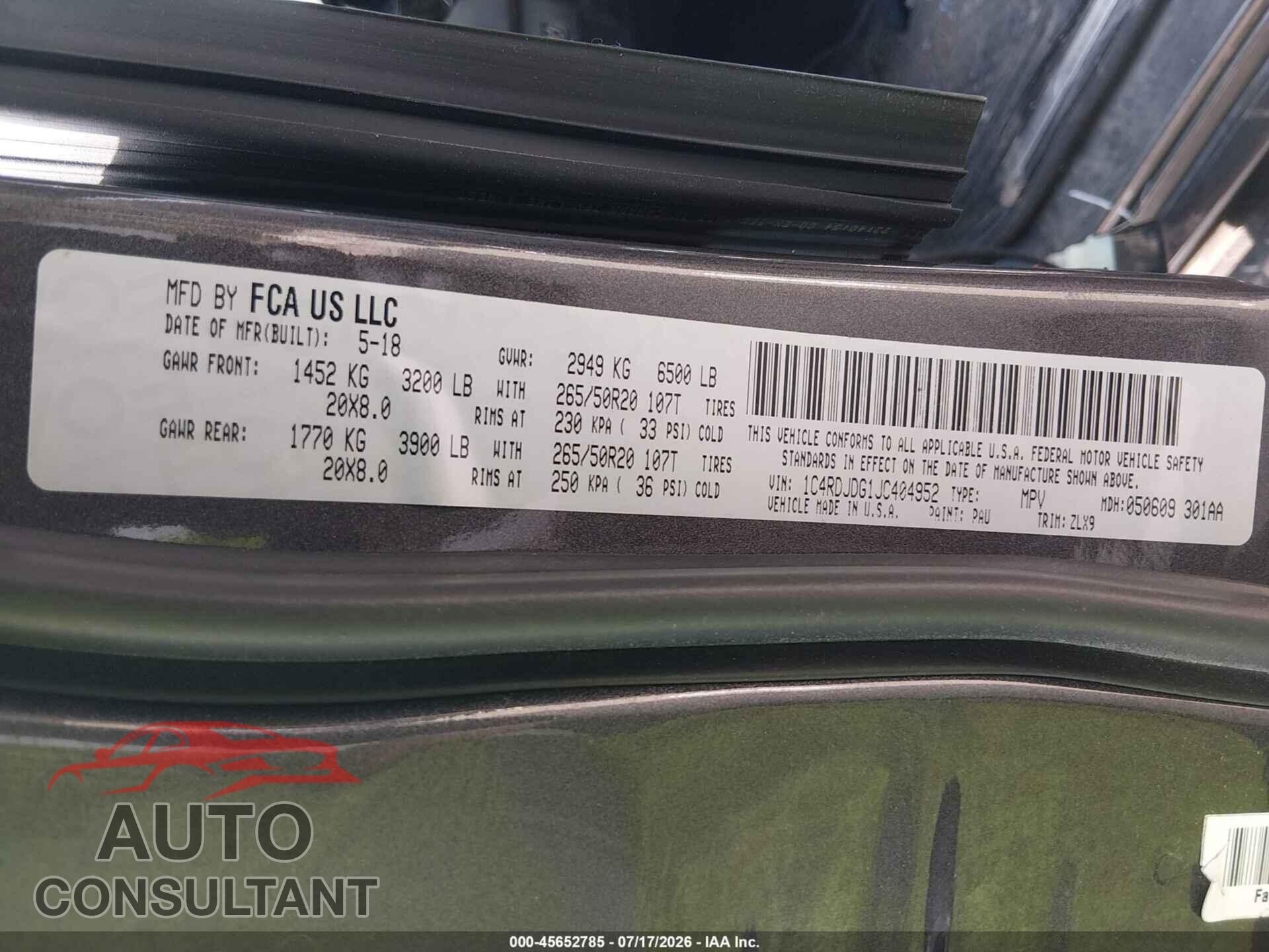 DODGE DURANGO 2018 - 1C4RDJDG1JC404952