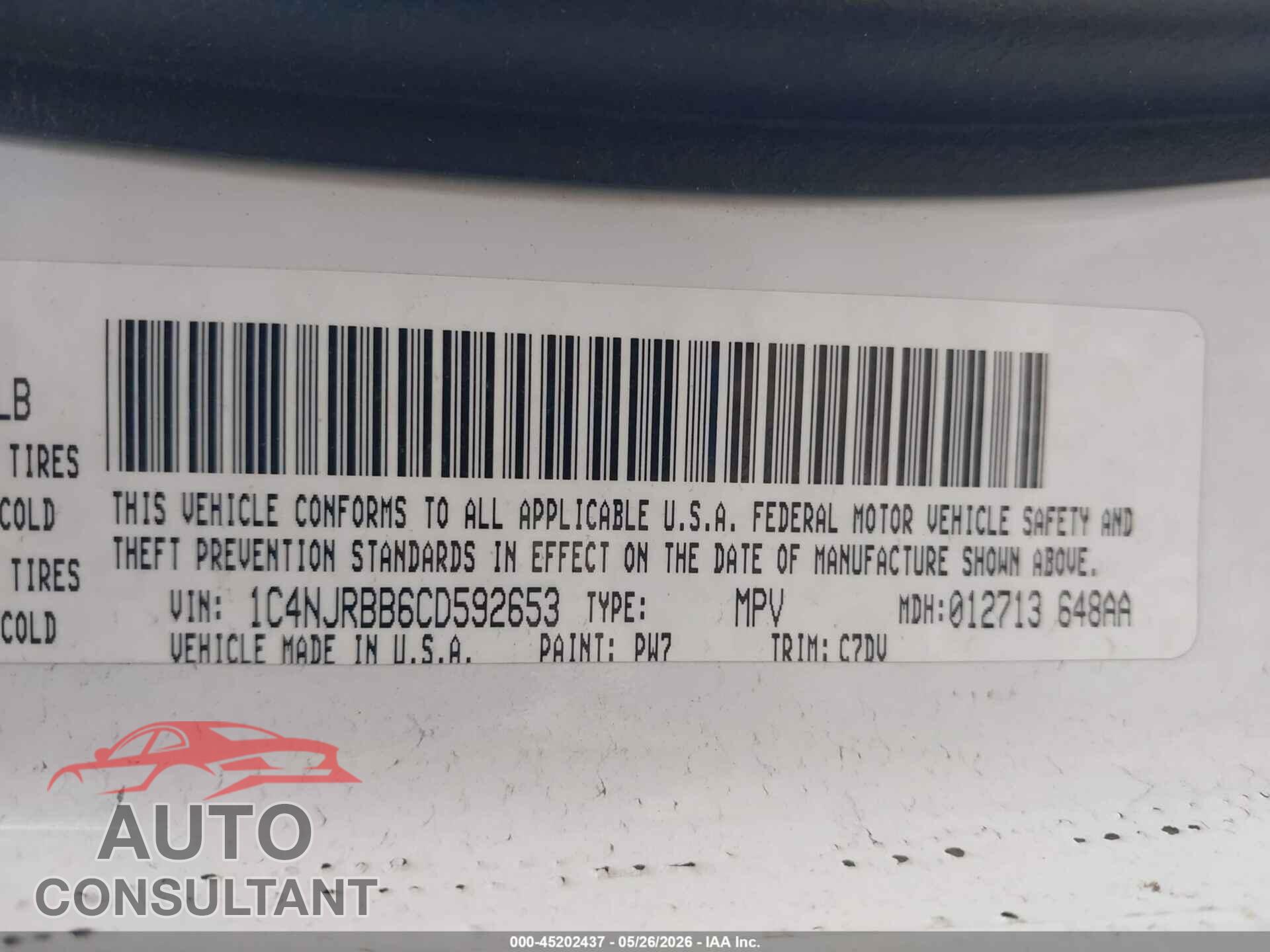 JEEP PATRIOT 2012 - 1C4NJRBB6CD592653