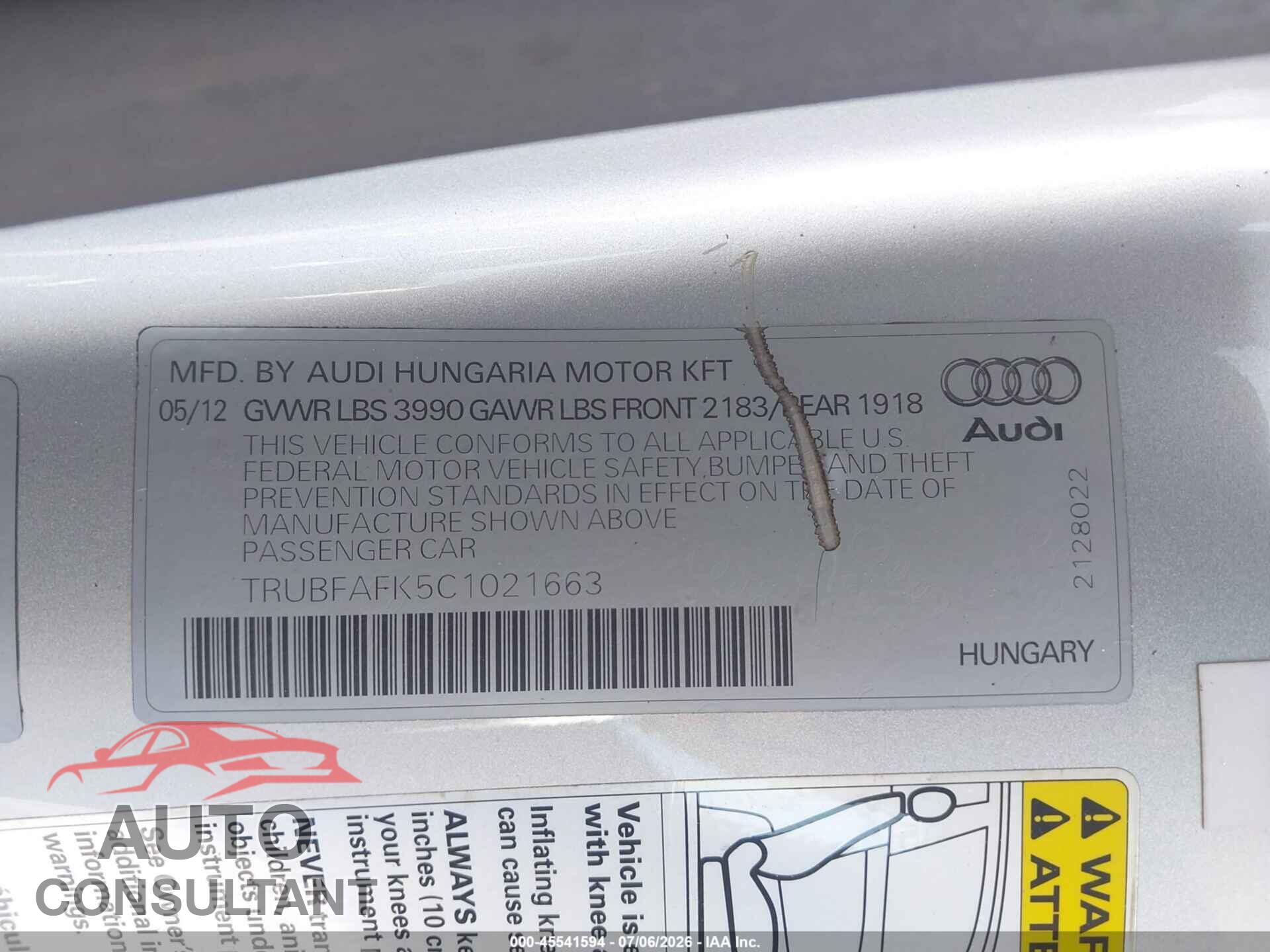 AUDI TT 2012 - TRUBFAFK5C1021663