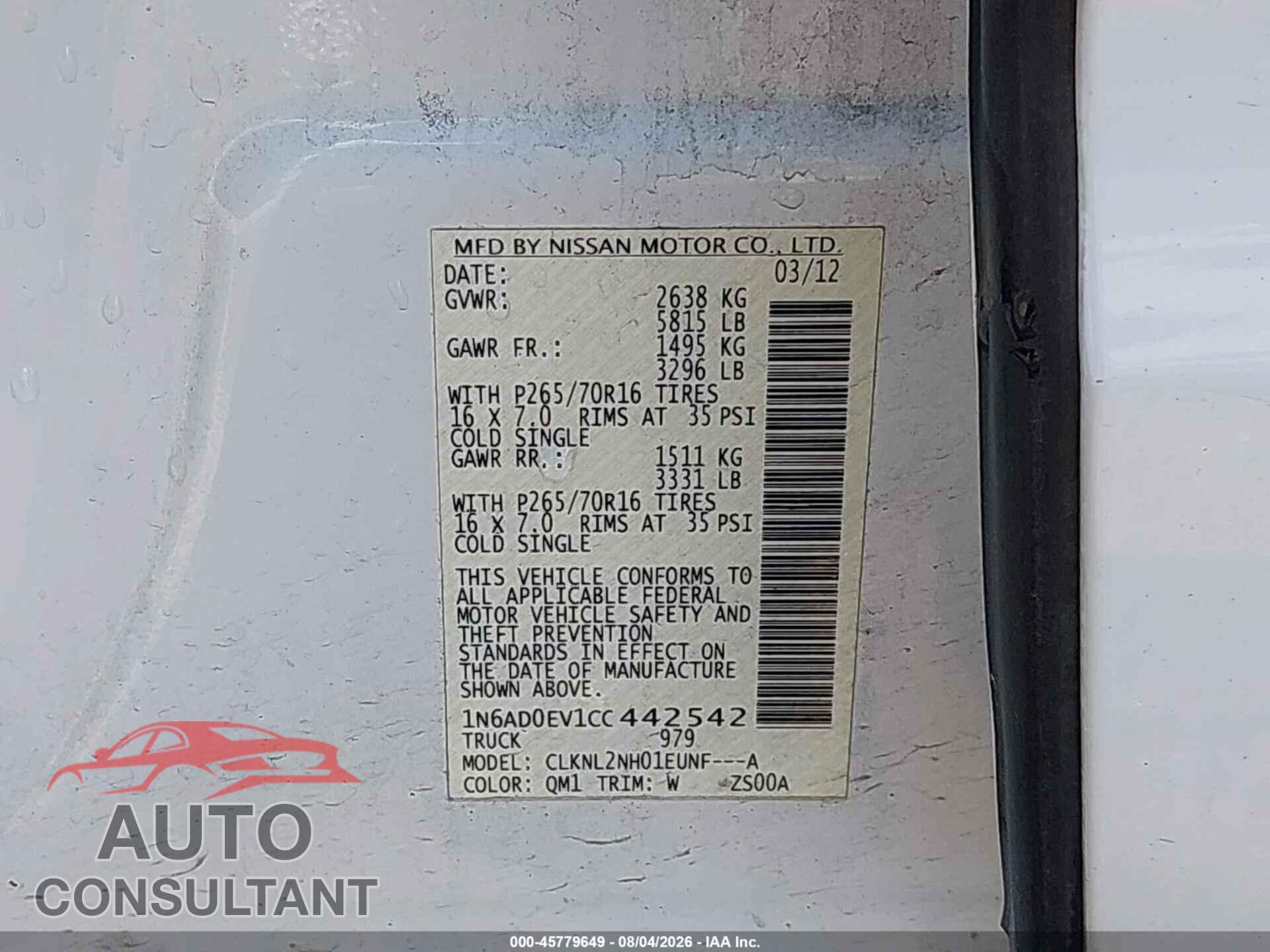 NISSAN FRONTIER 2012 - 1N6AD0EV1CC442542