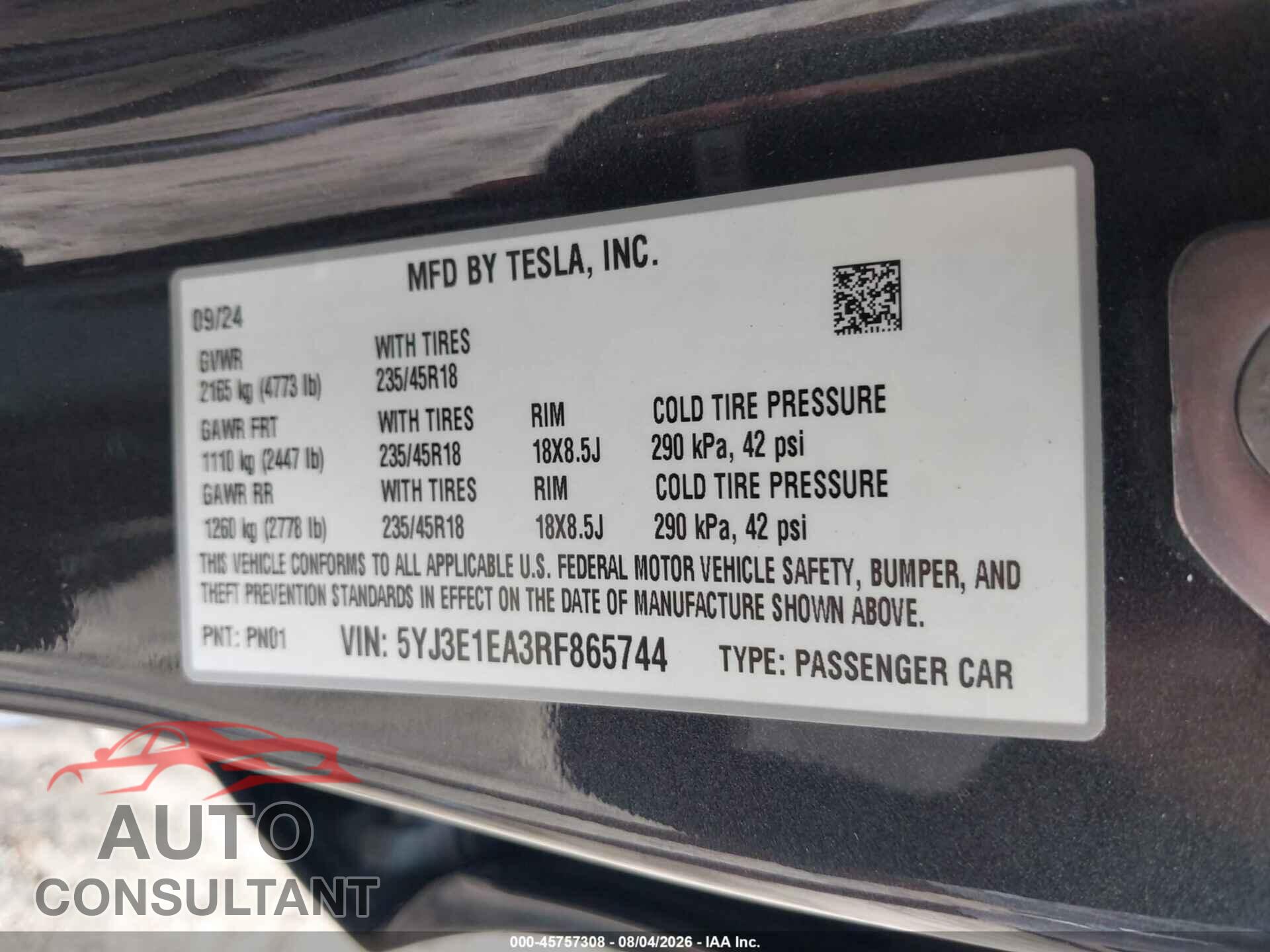 TESLA MODEL 3 2024 - 5YJ3E1EA3RF865744