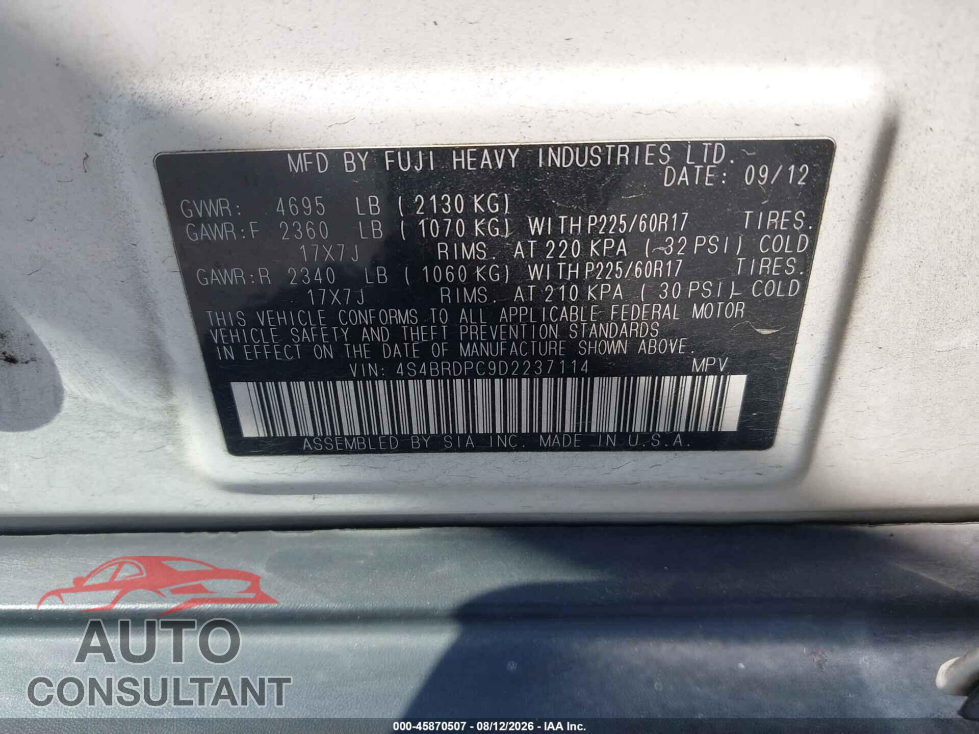 SUBARU OUTBACK 2013 - 4S4BRDPC9D2237114