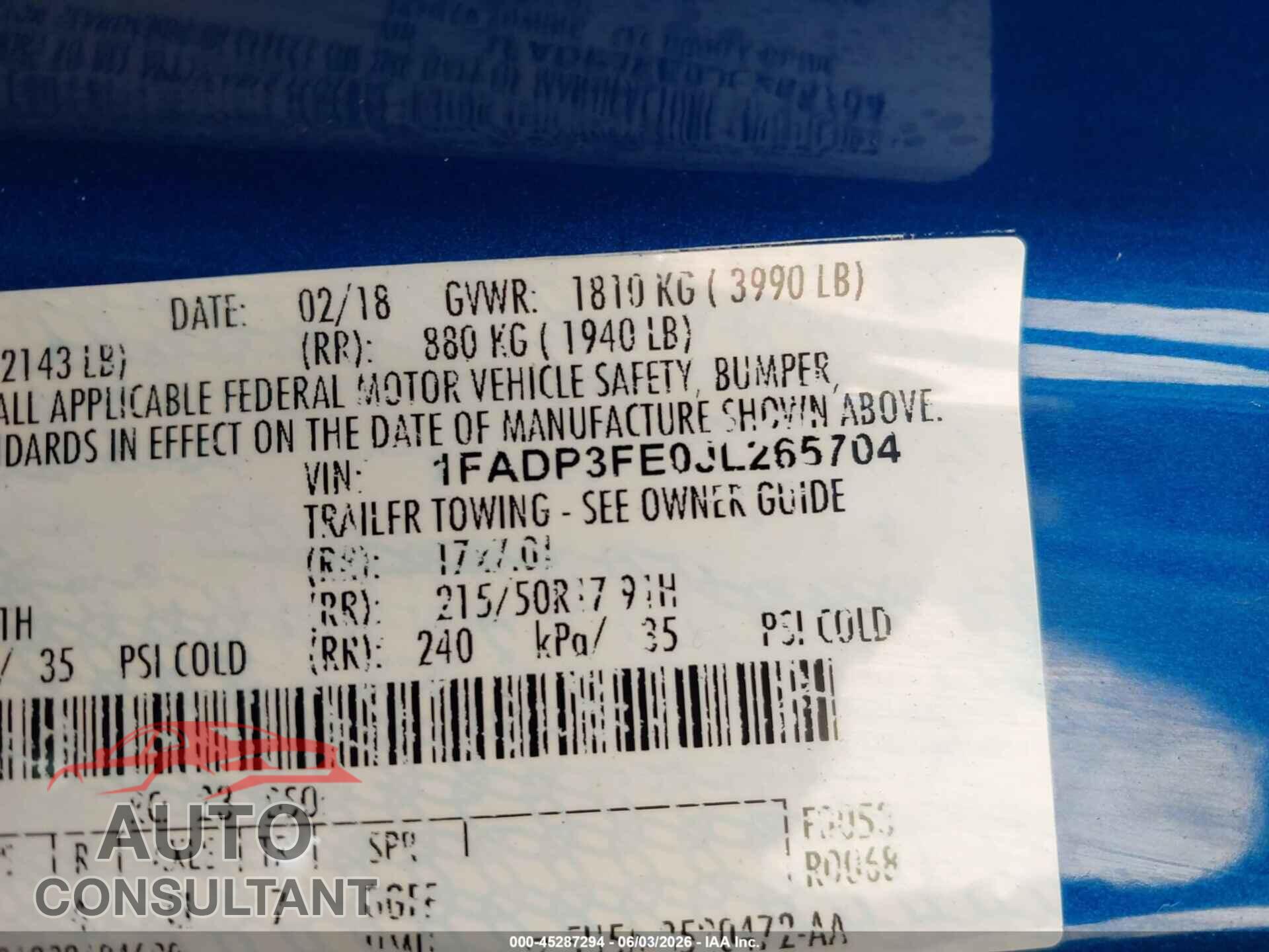 FORD FOCUS 2018 - 1FADP3FE0JL265704