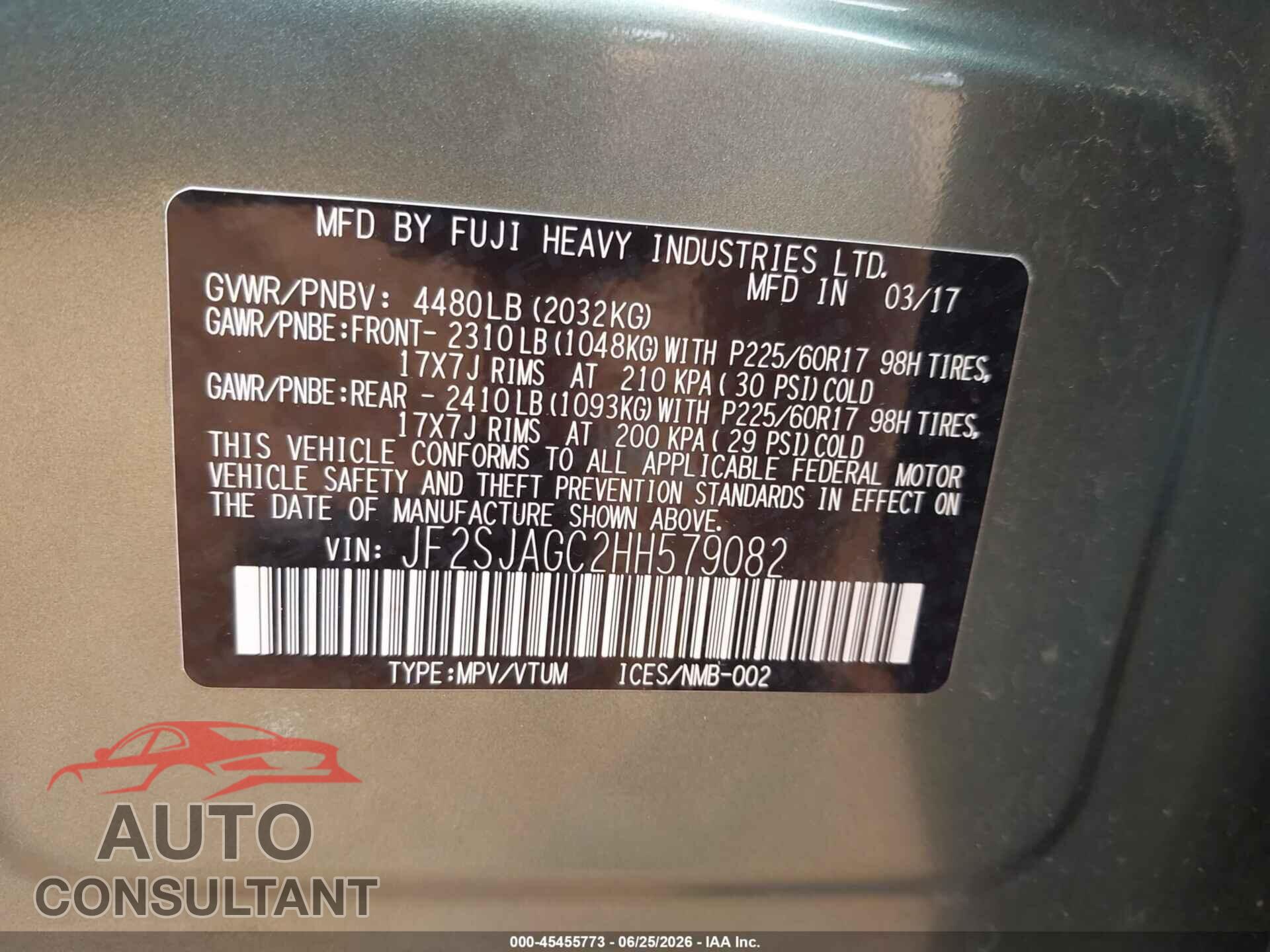 SUBARU FORESTER 2017 - JF2SJAGC2HH579082