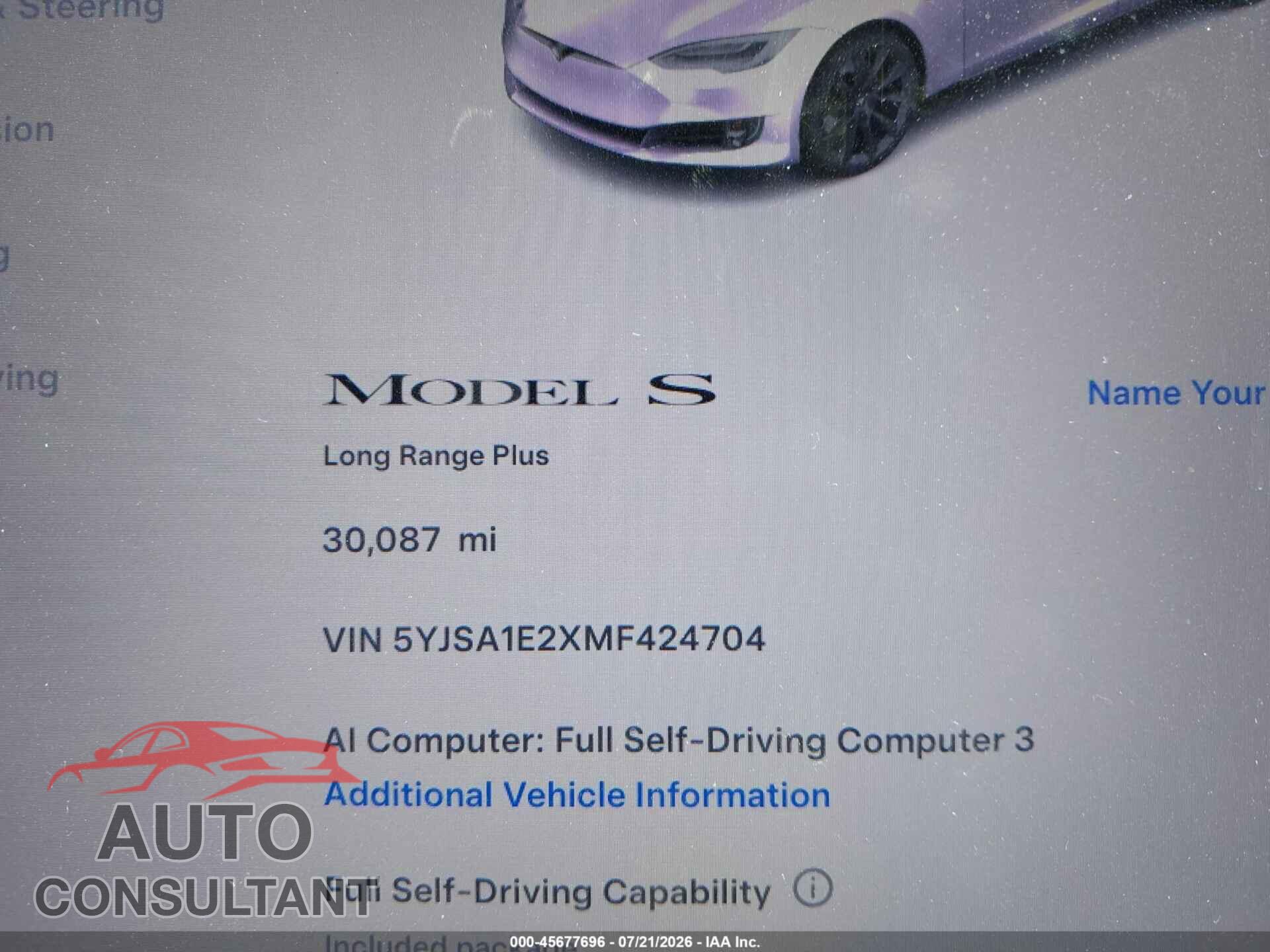 TESLA MODEL S 2021 - 5YJSA1E2XMF424704
