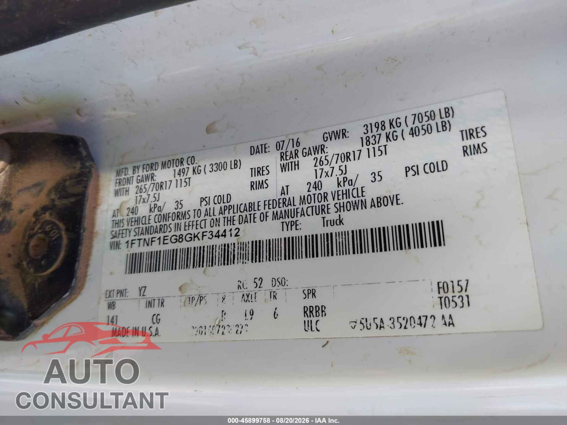 FORD F-150 2016 - 1FTNF1EG8GKF34412