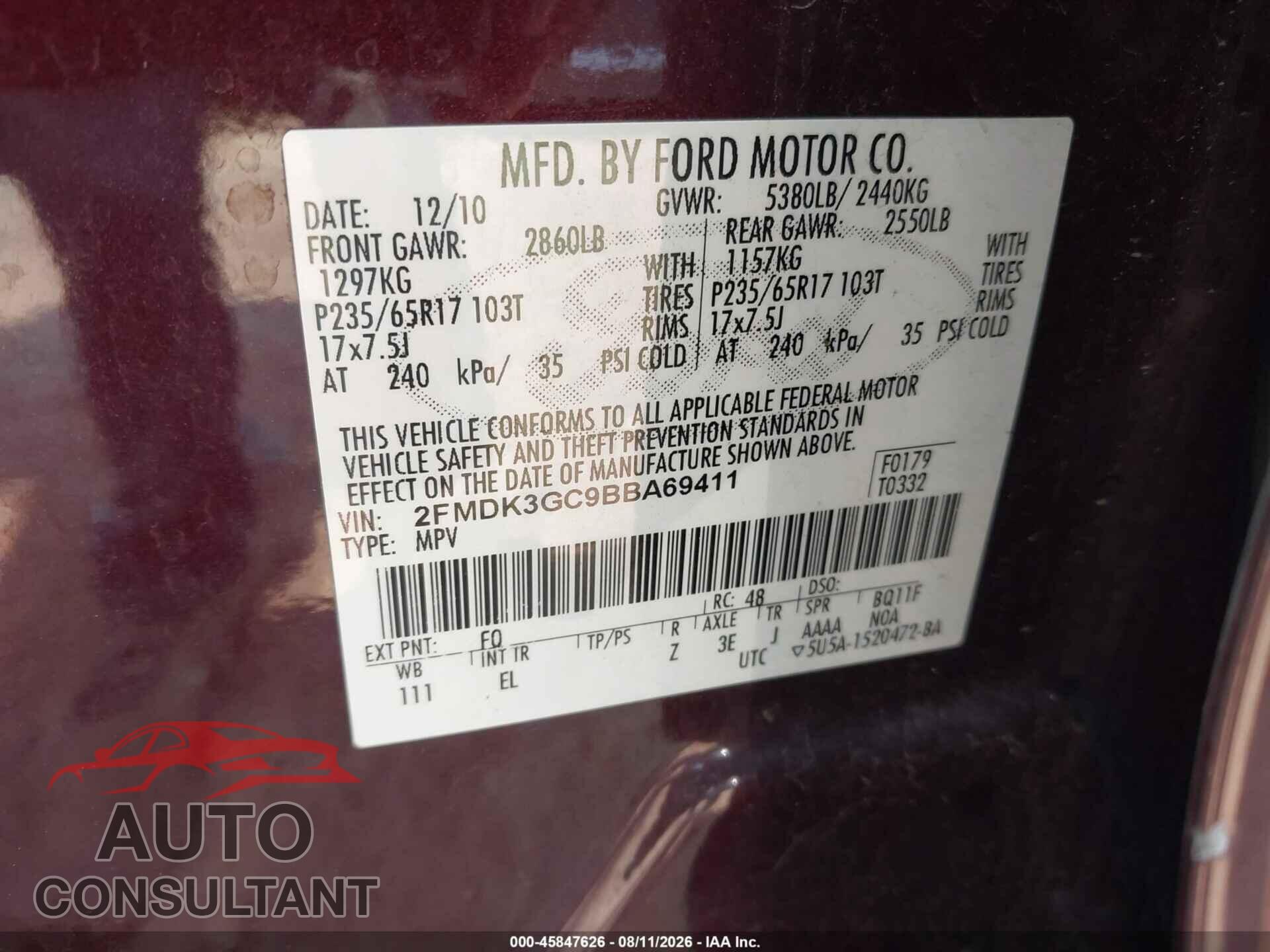 FORD EDGE 2011 - 2FMDK3GC9BBA69411