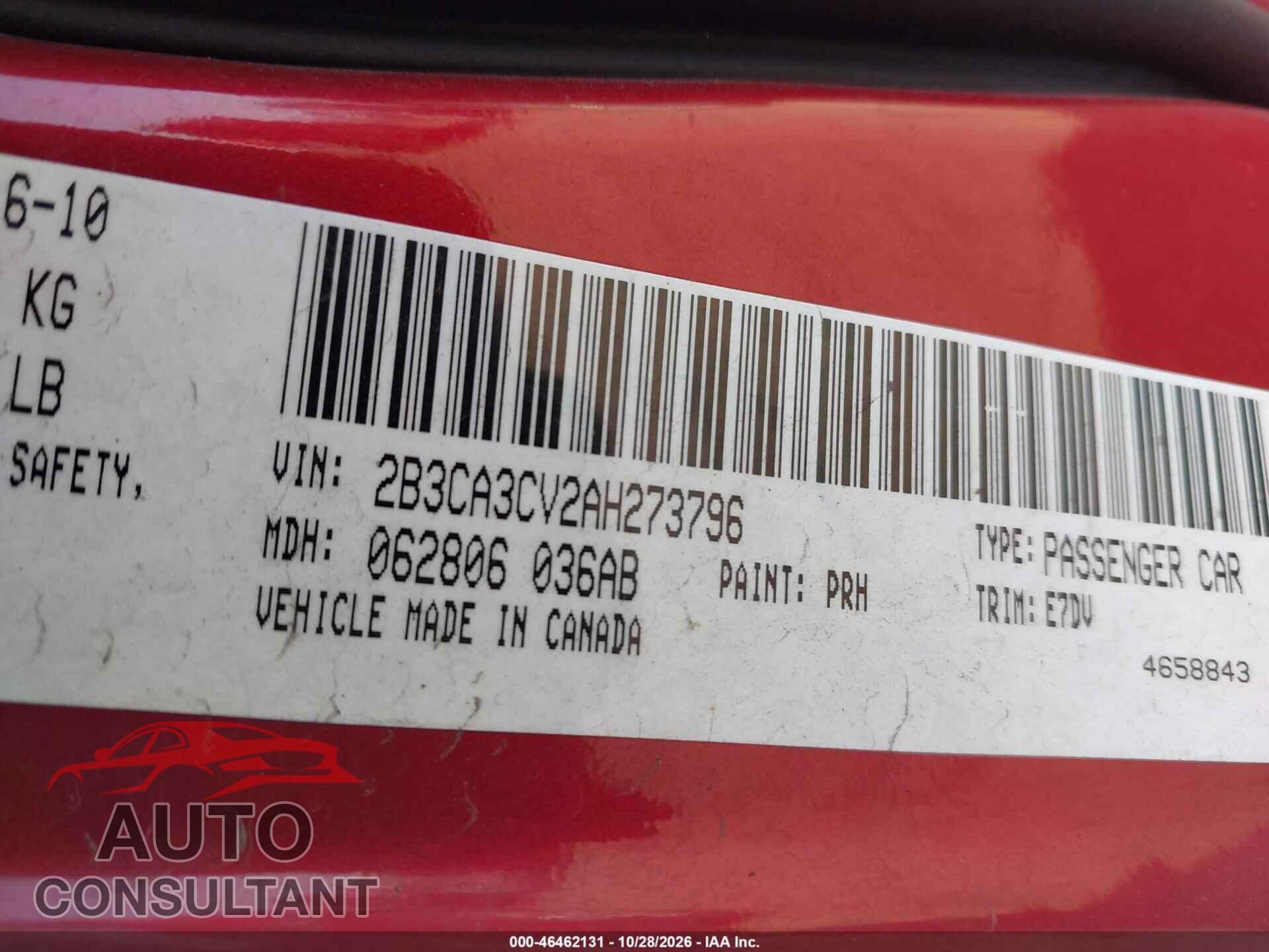 DODGE CHARGER 2010 - 2B3CA3CV2AH273796
