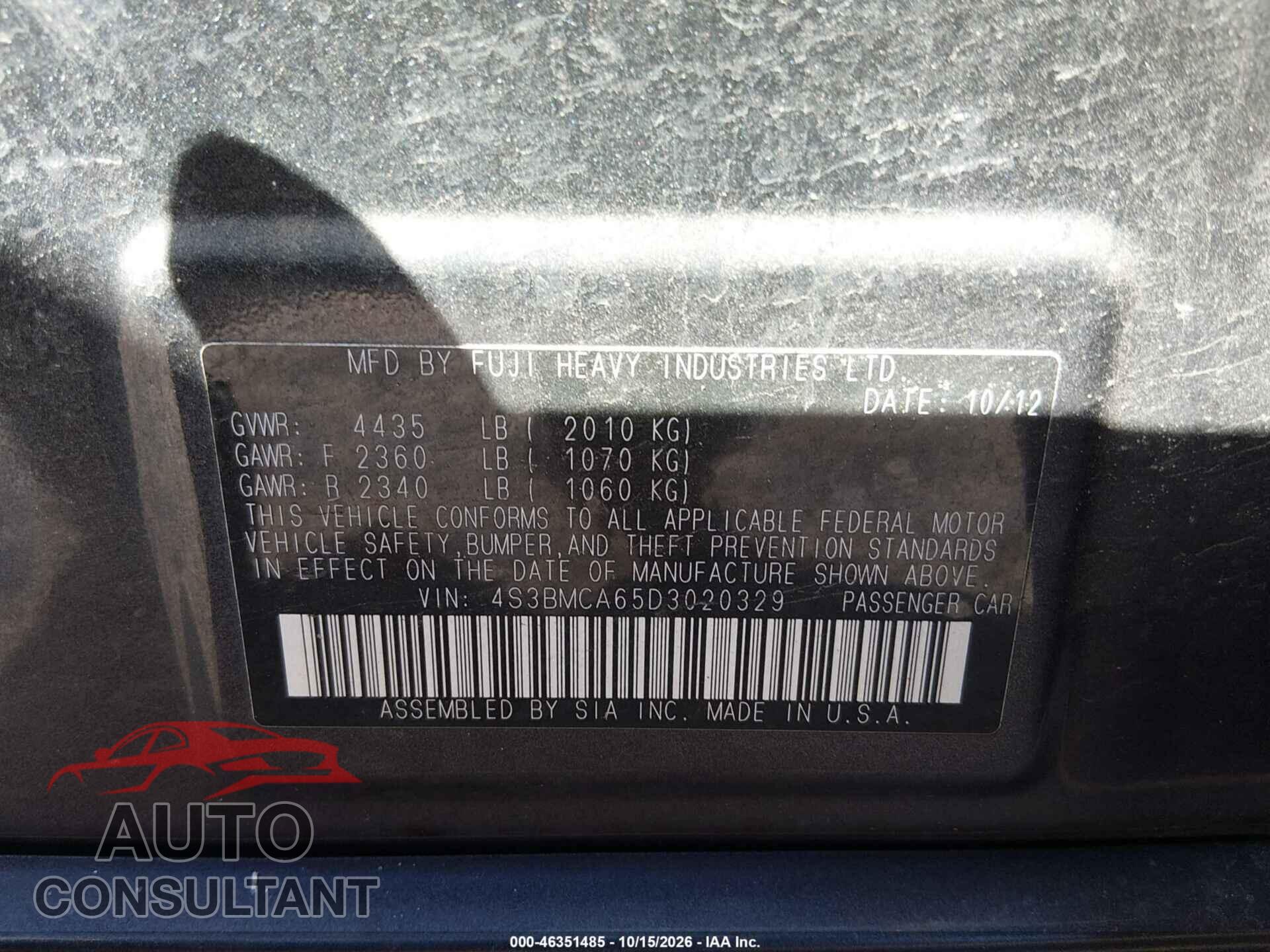 SUBARU LEGACY 2013 - 4S3BMCA65D3020329