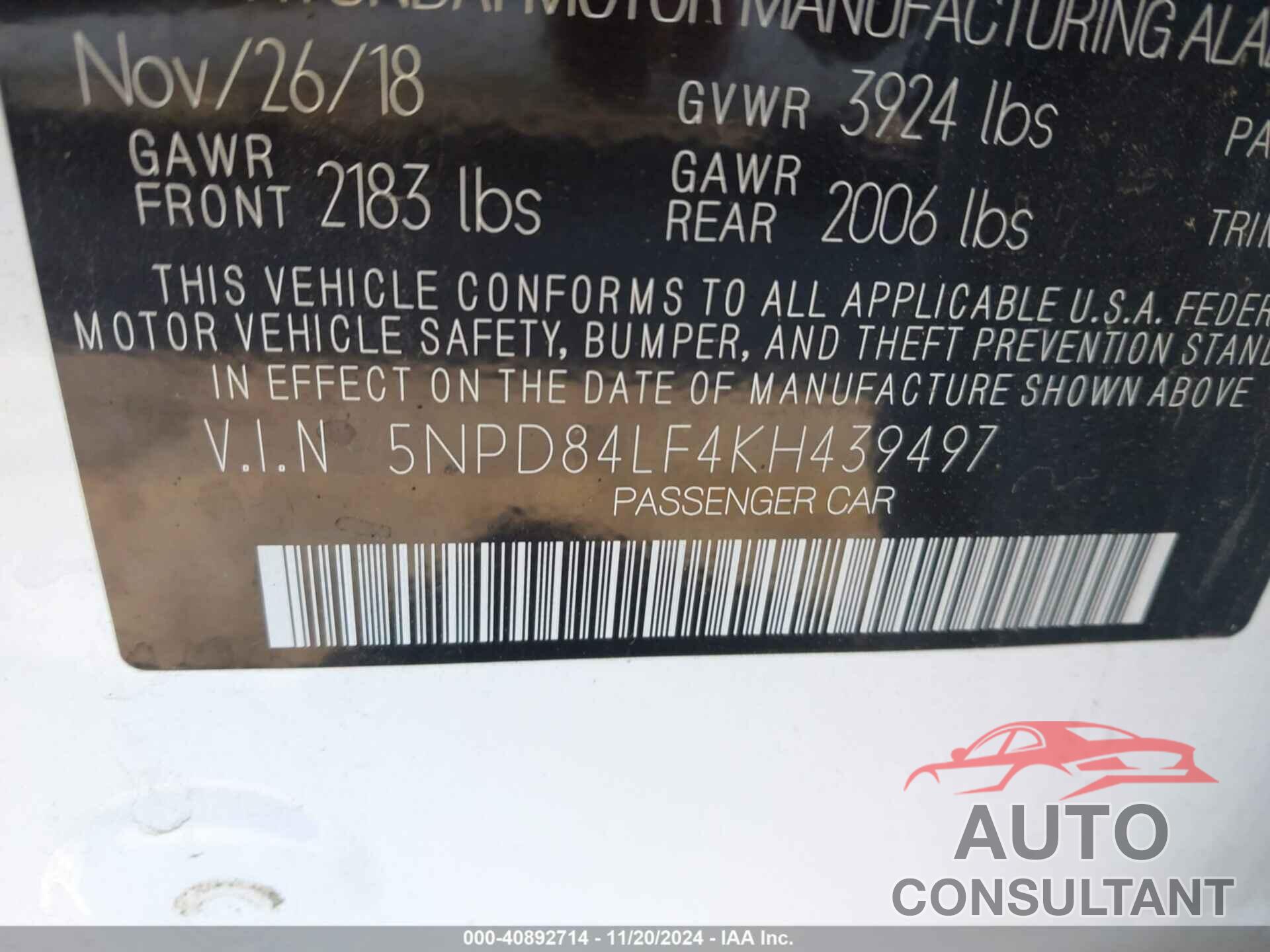 HYUNDAI ELANTRA 2019 - 5NPD84LF4KH439497