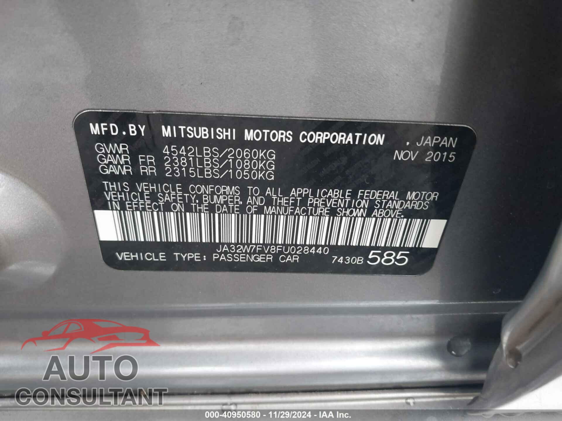MITSUBISHI LANCER EVOLUTION 2015 - JA32W7FV8FU028440