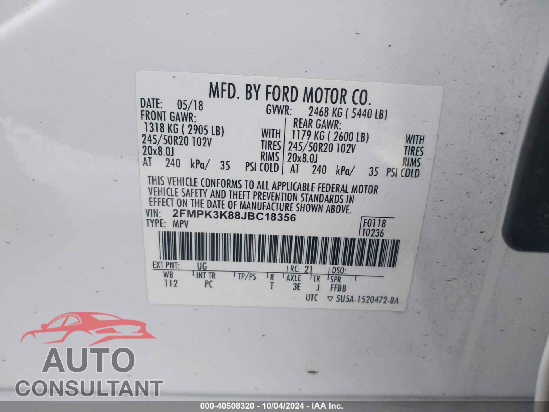 FORD EDGE 2018 - 2FMPK3K88JBC18356