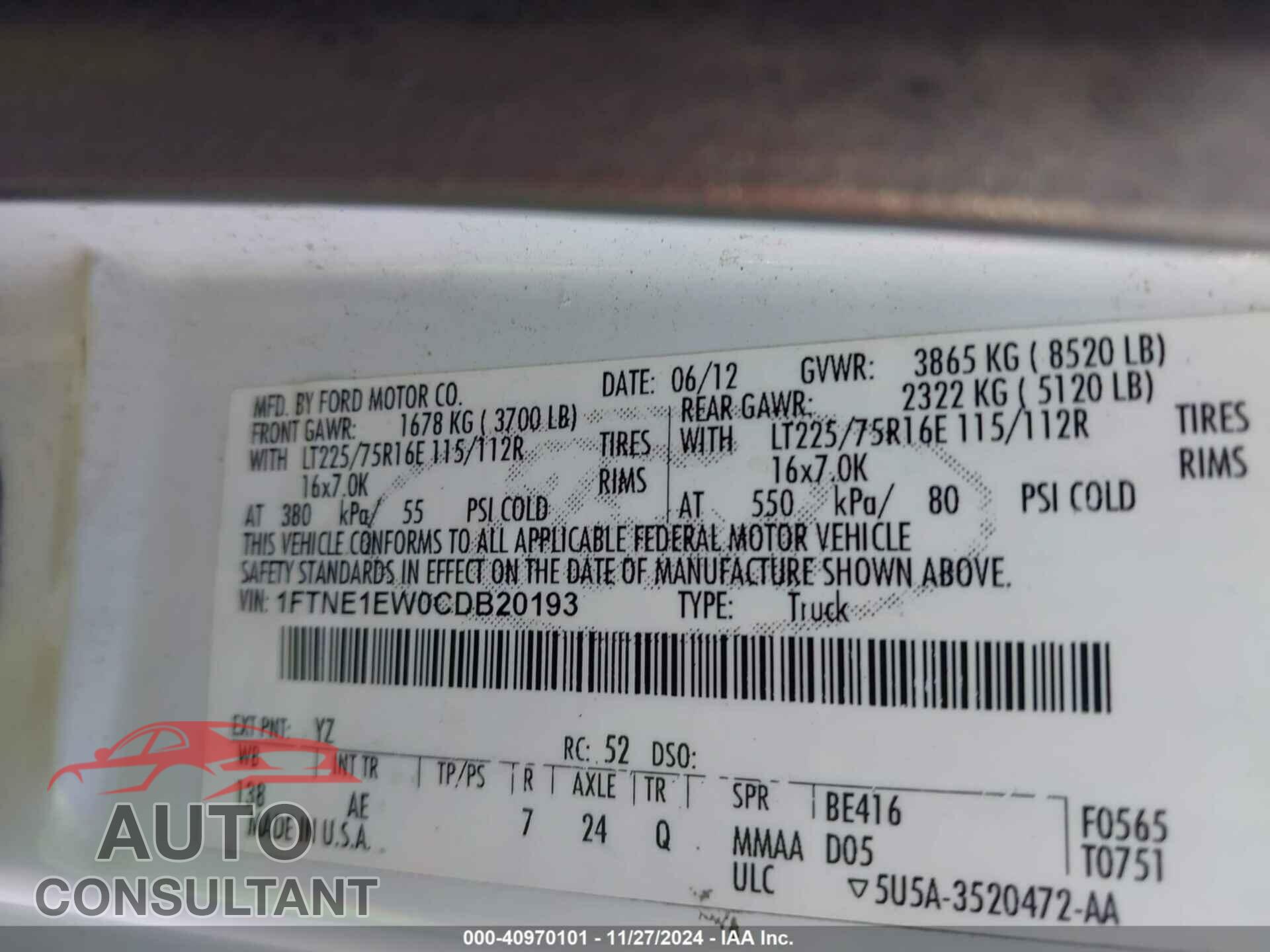 FORD E-150 2012 - 1FTNE1EW0CDB20193