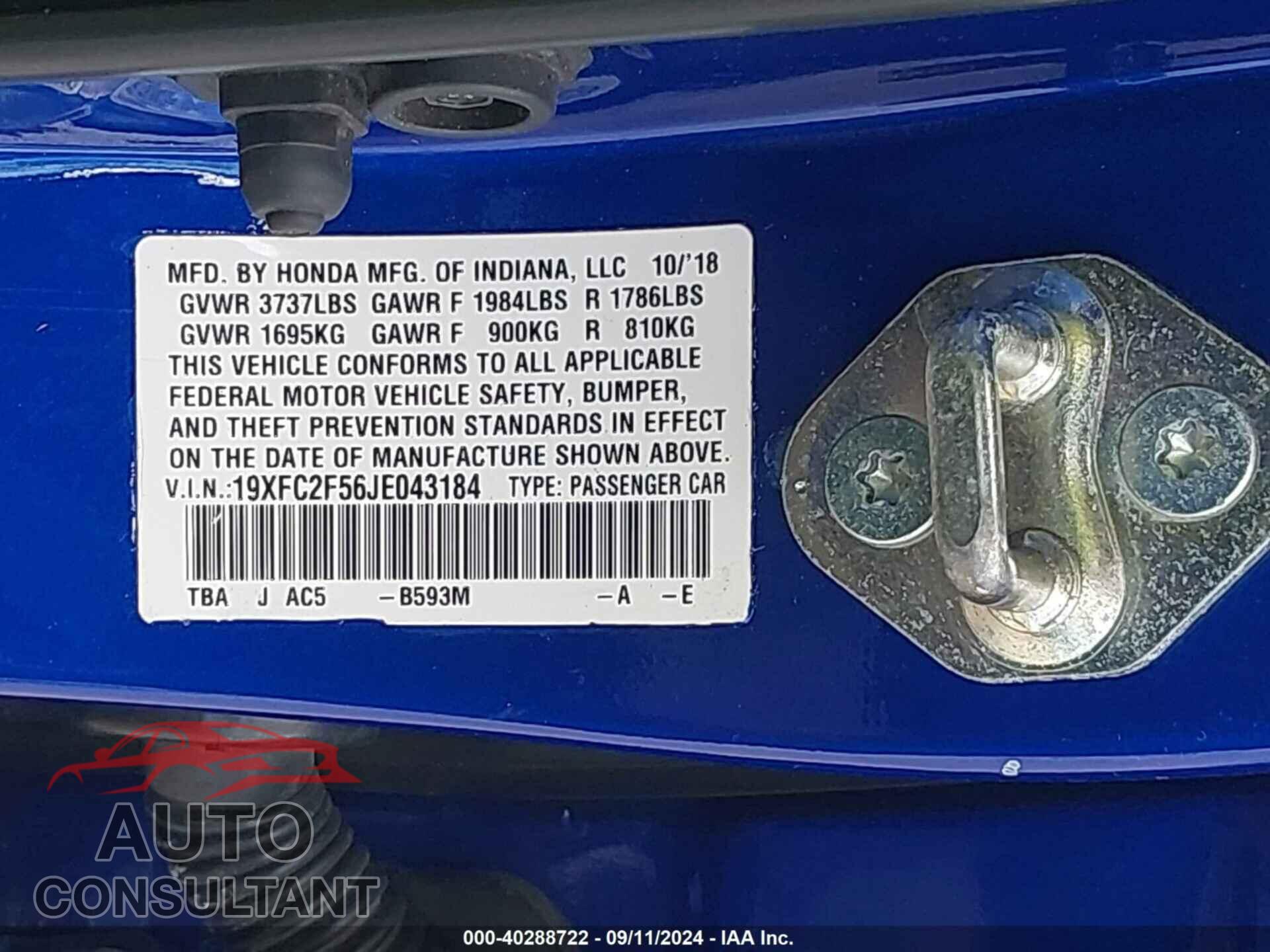 HONDA CIVIC 2018 - 19XFC2F56JE043184