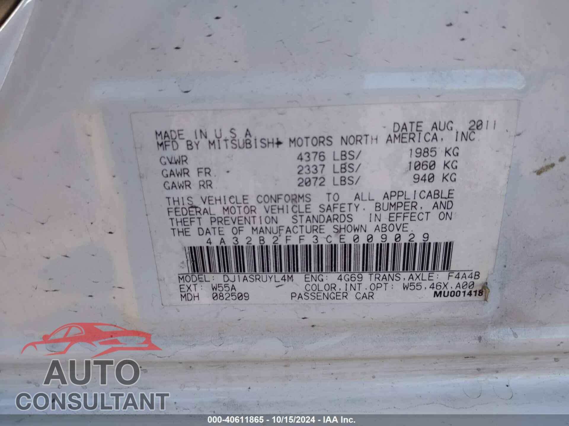 MITSUBISHI GALANT 2012 - 4A32B2FF3CE009029