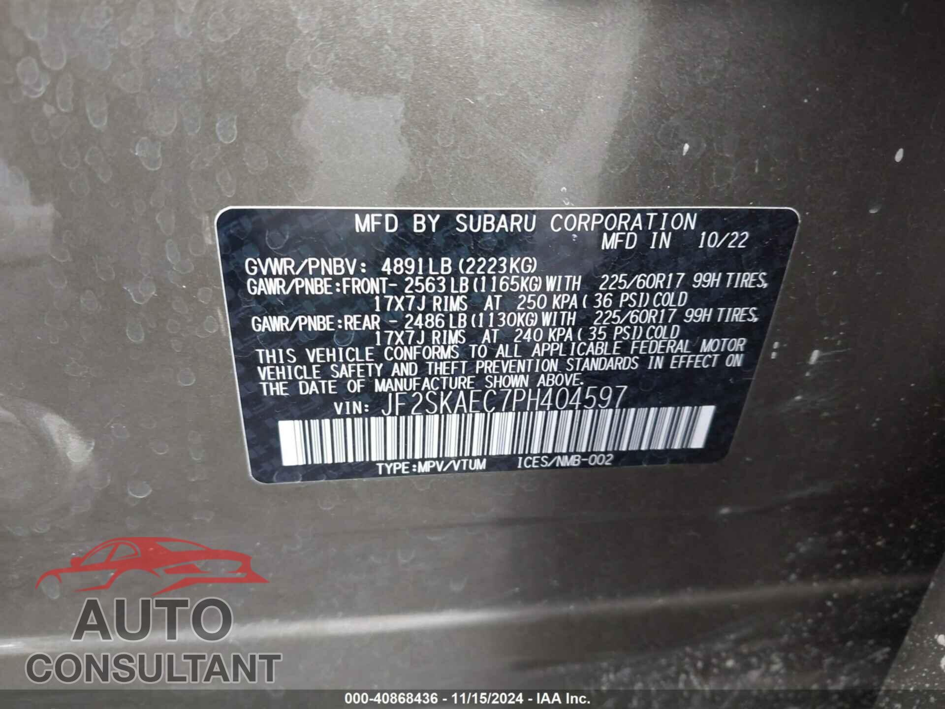 SUBARU FORESTER 2023 - JF2SKAEC7PH404597