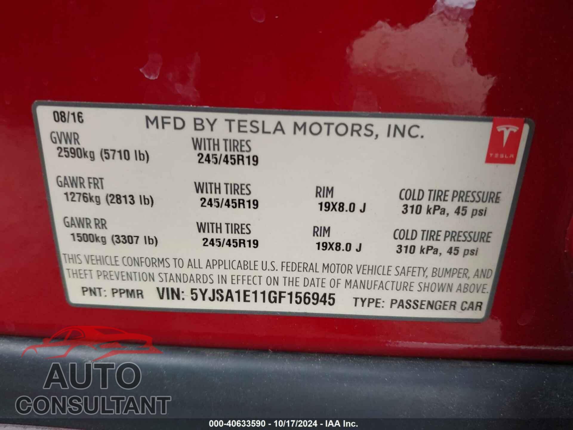 TESLA MODEL S 2016 - 5YJSA1E11GF156945