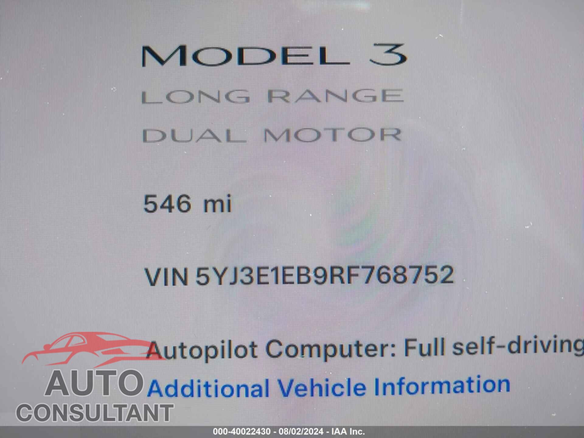 TESLA MODEL 3 2024 - 5YJ3E1EB9RF768752