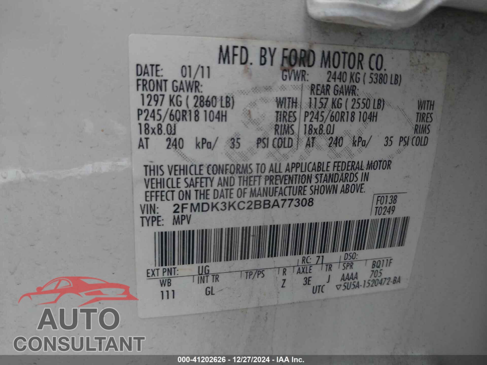 FORD EDGE 2011 - 2FMDK3KC2BBA77308