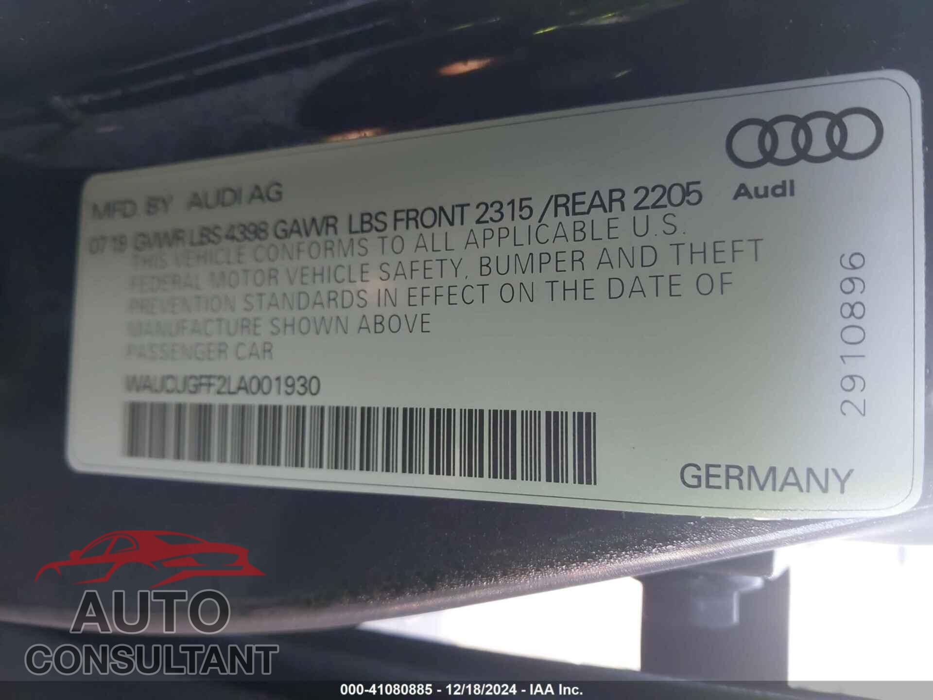 AUDI A3 2020 - WAUCUGFF2LA001930