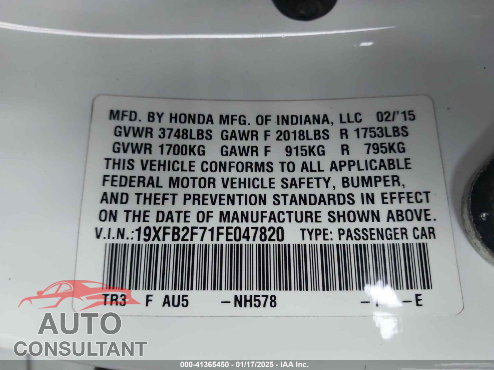 HONDA CIVIC 2015 - 19XFB2F71FE047820