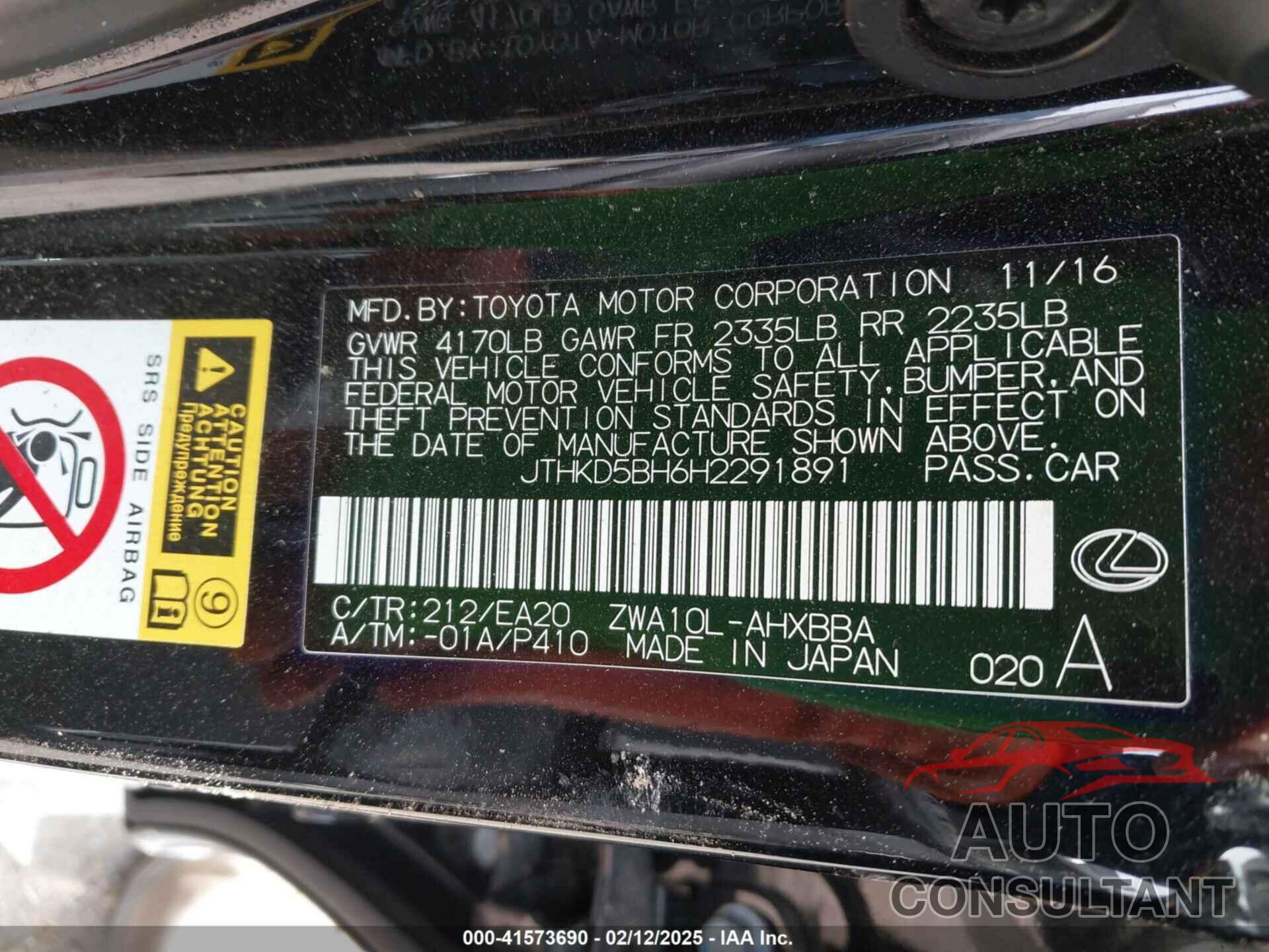 LEXUS CT 200H 2017 - JTHKD5BH6H2291891