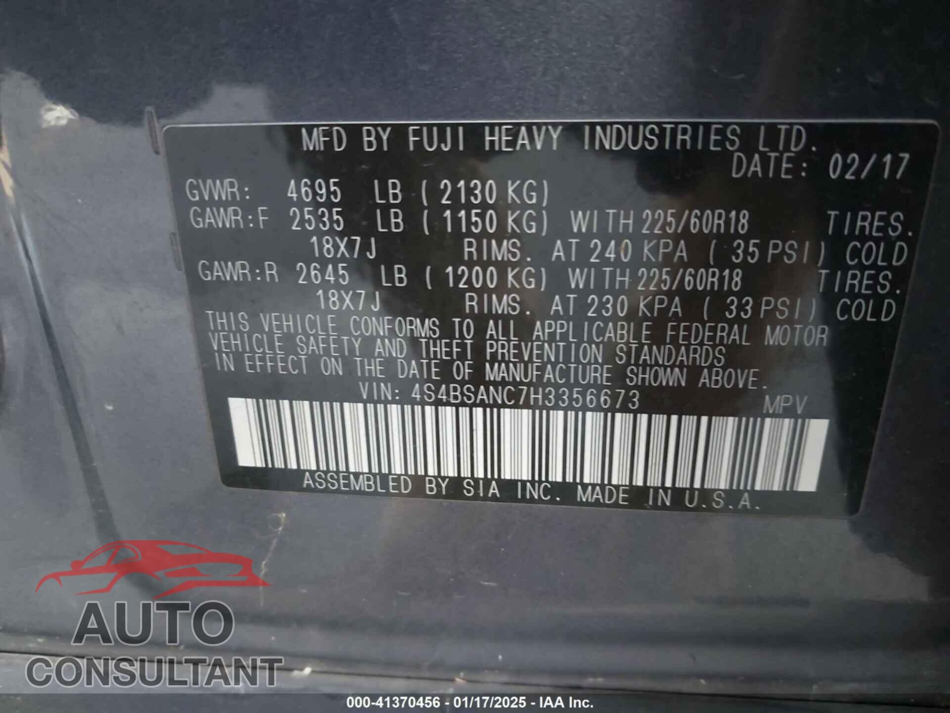 SUBARU OUTBACK 2017 - 4S4BSANC7H3356673