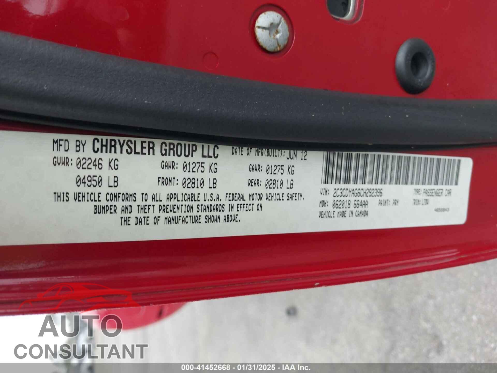 DODGE CHALLENGER 2012 - 2C3CDYAG6CH292396