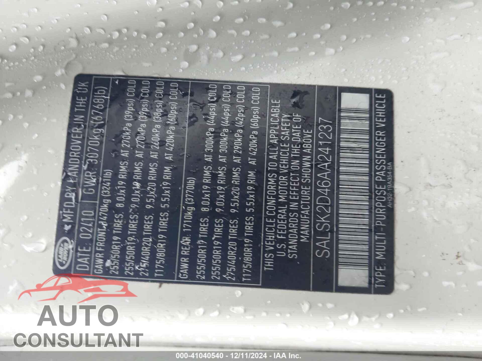 LAND ROVER RANGE ROVER SPORT 2010 - SALSK2D46AA241237