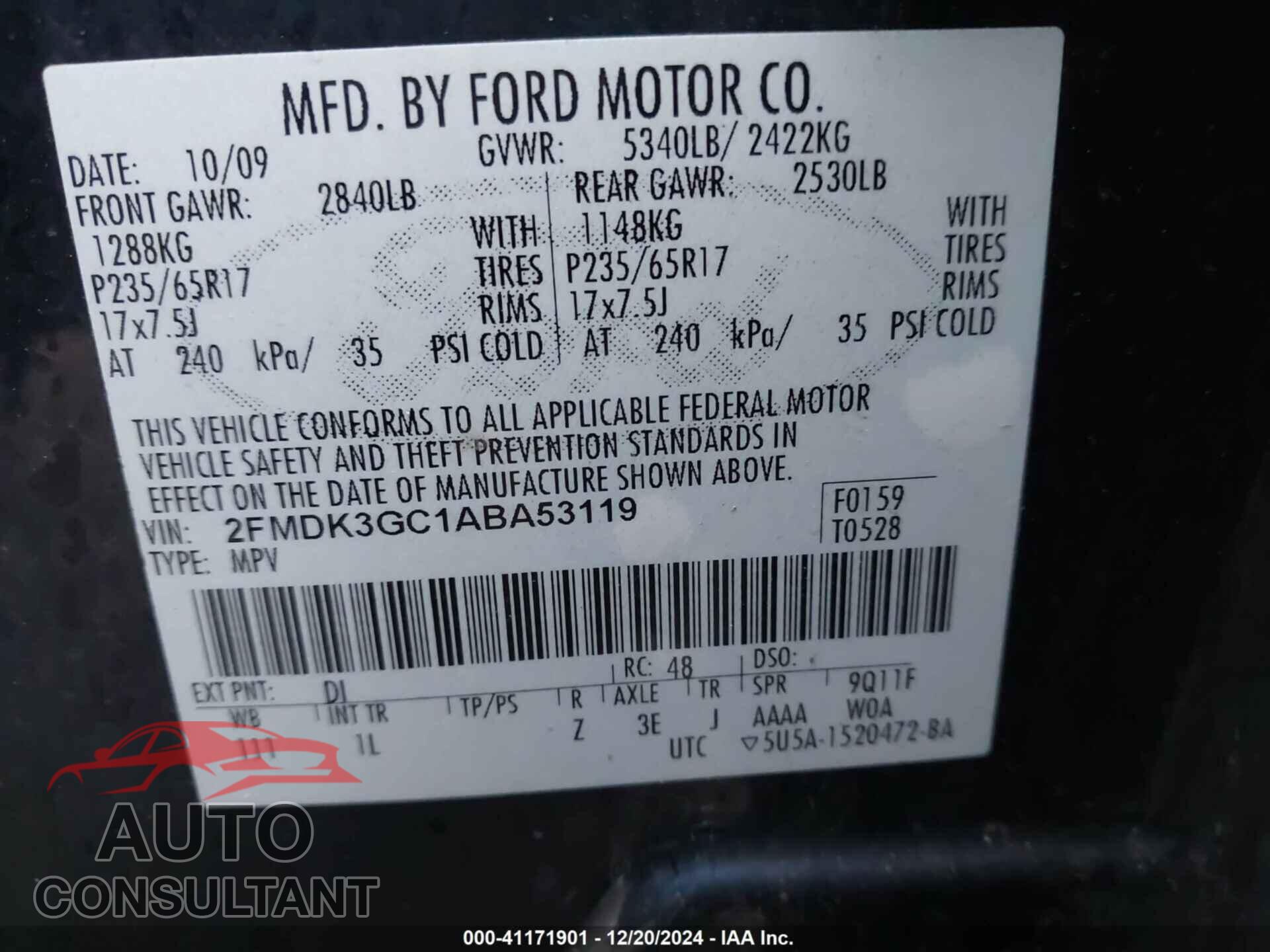 FORD EDGE 2010 - 2FMDK3GC1ABA53119