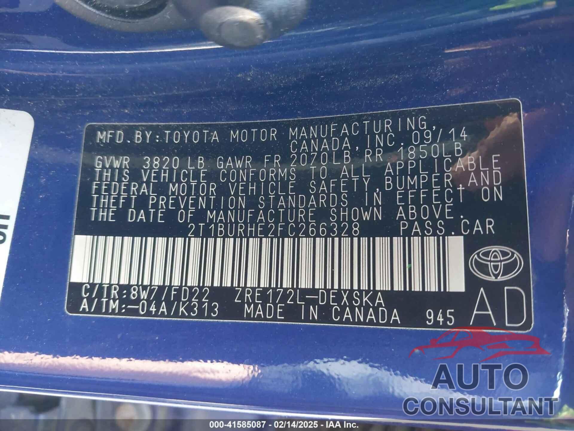 TOYOTA COROLLA 2015 - 2T1BURHE2FC266328