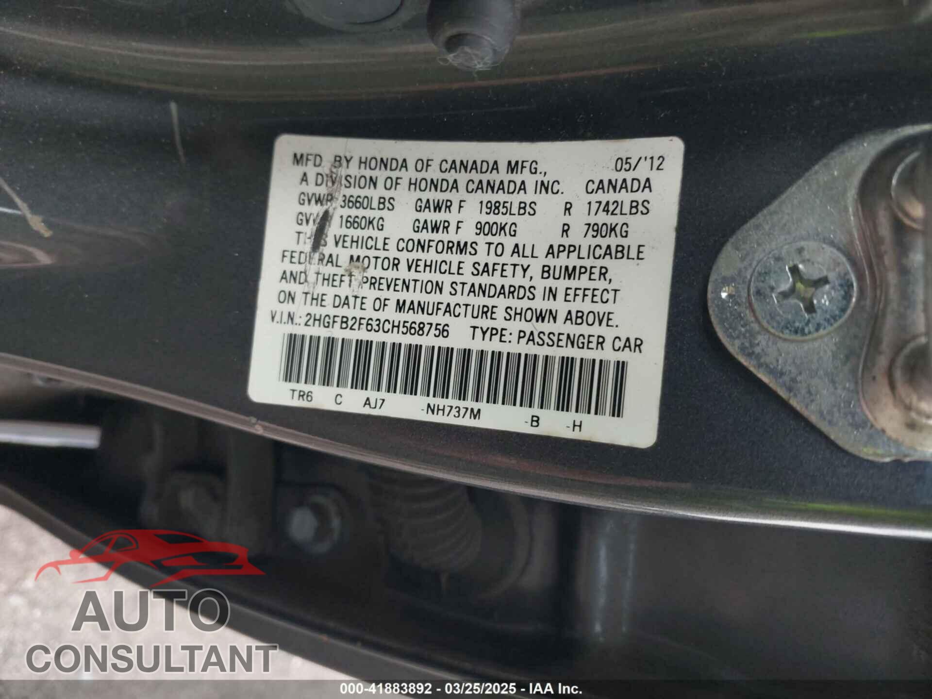 HONDA CIVIC 2012 - 2HGFB2F63CH568756
