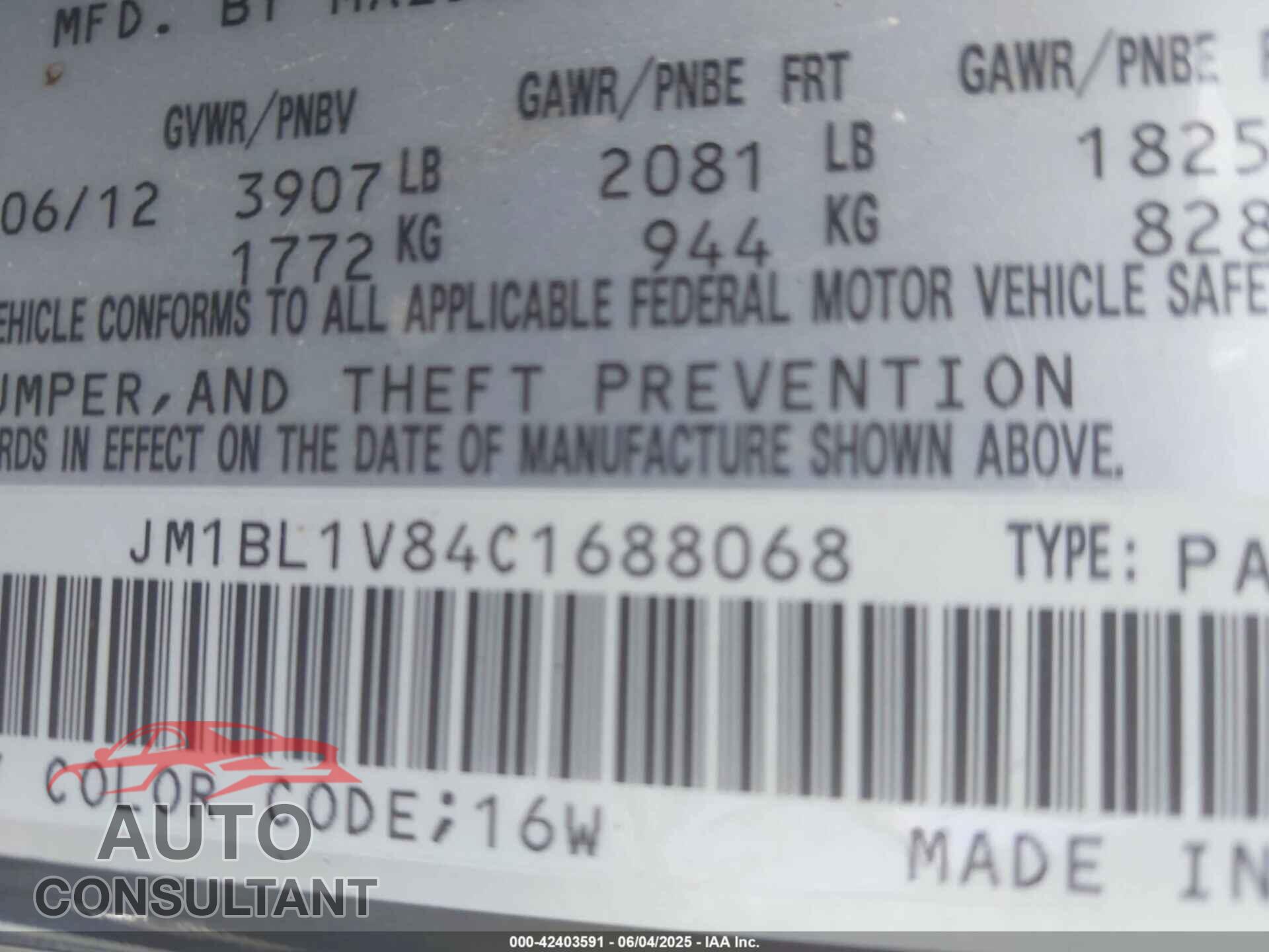 MAZDA MAZDA3 2012 - JM1BL1V84C1688068