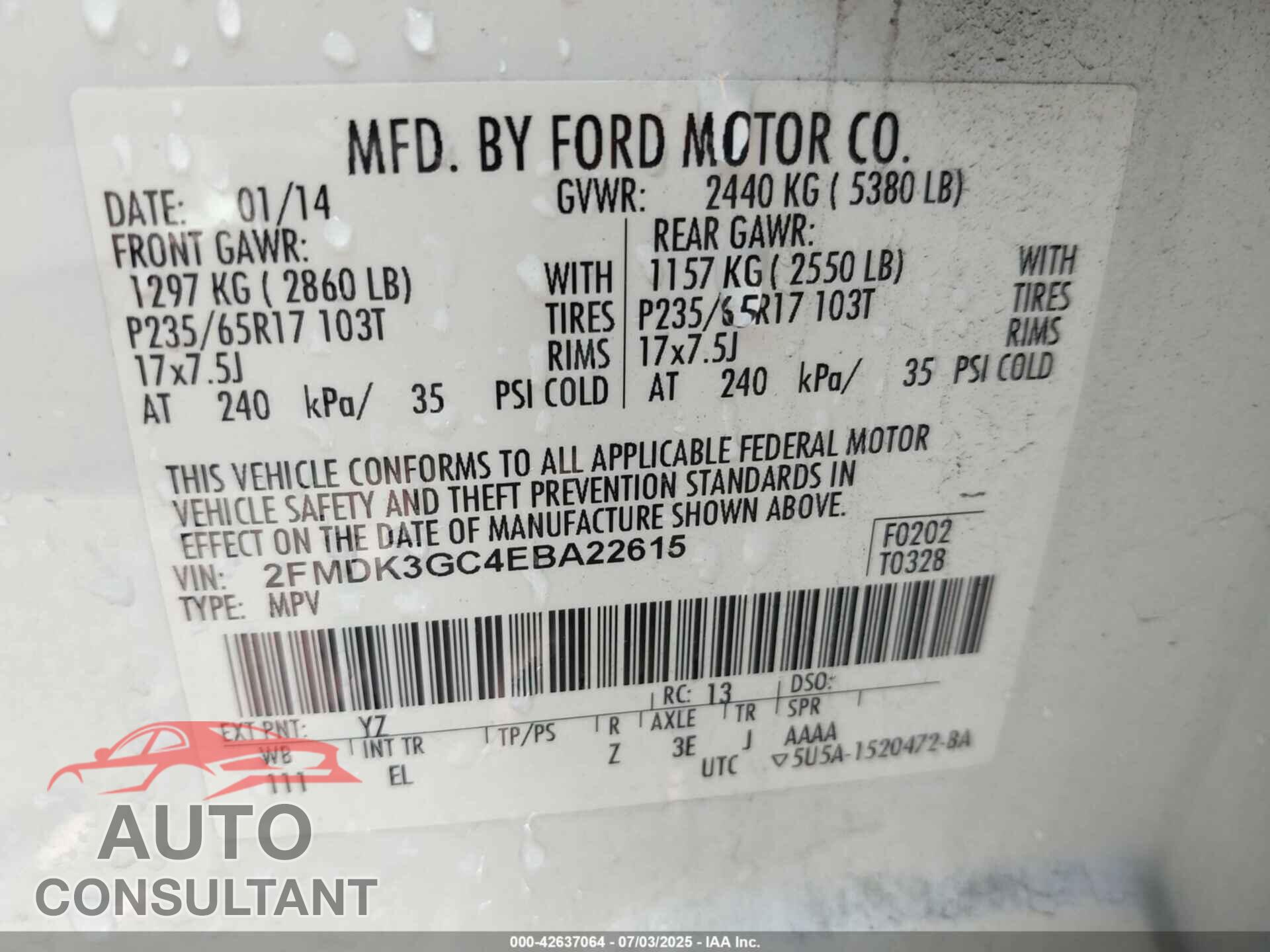 FORD EDGE 2014 - 2FMDK3GC4EBA22615