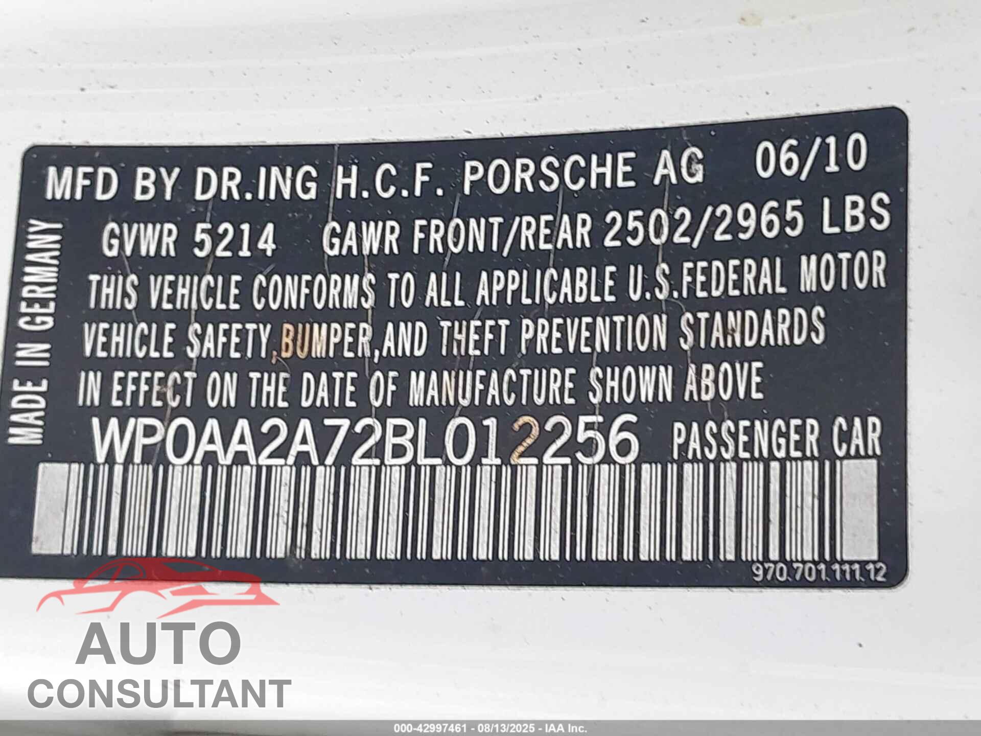 PORSCHE PANAMERA 2011 - WP0AA2A72BL012256