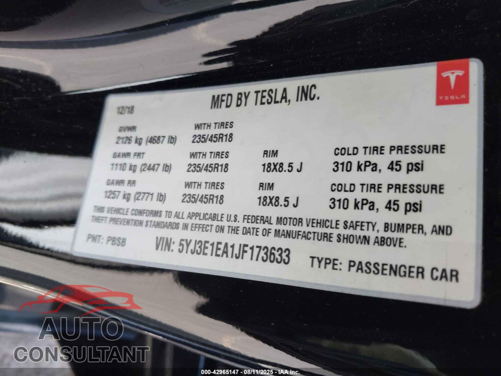 TESLA MODEL 3 2018 - 5YJ3E1EA1JF173633
